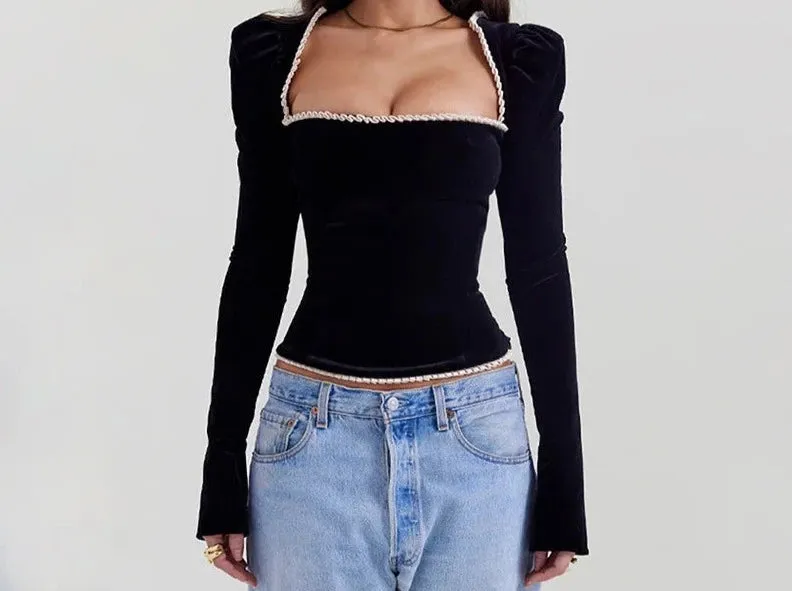 A&A Square Collar Bandage Black Long Sleeved Top