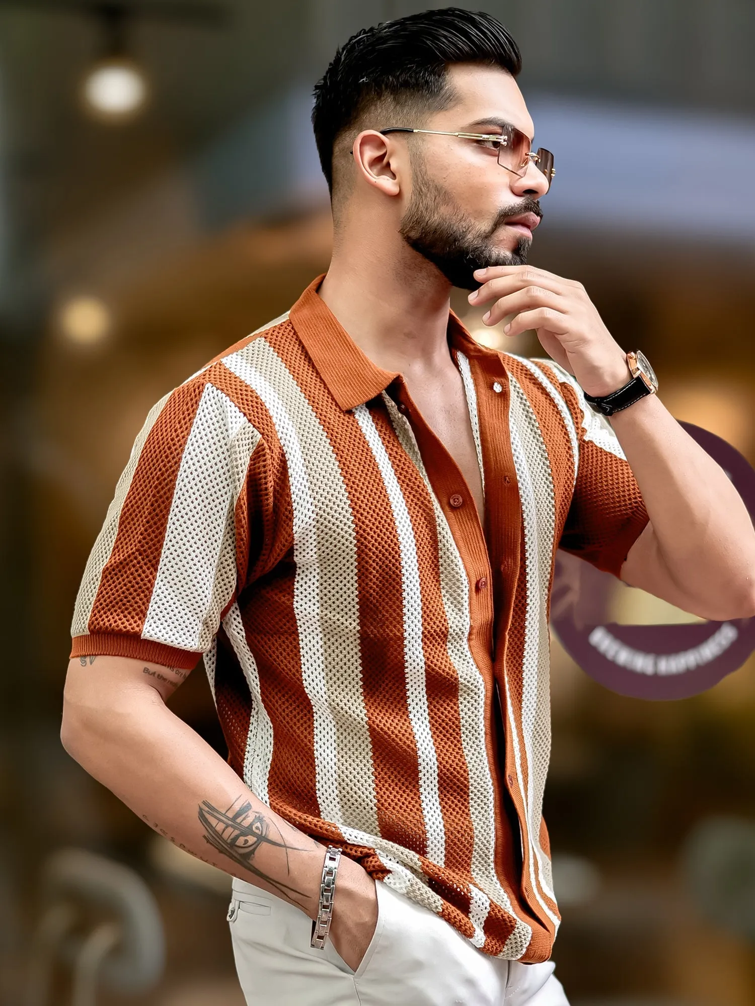 Aero Vertical Stripe Brown Shirt