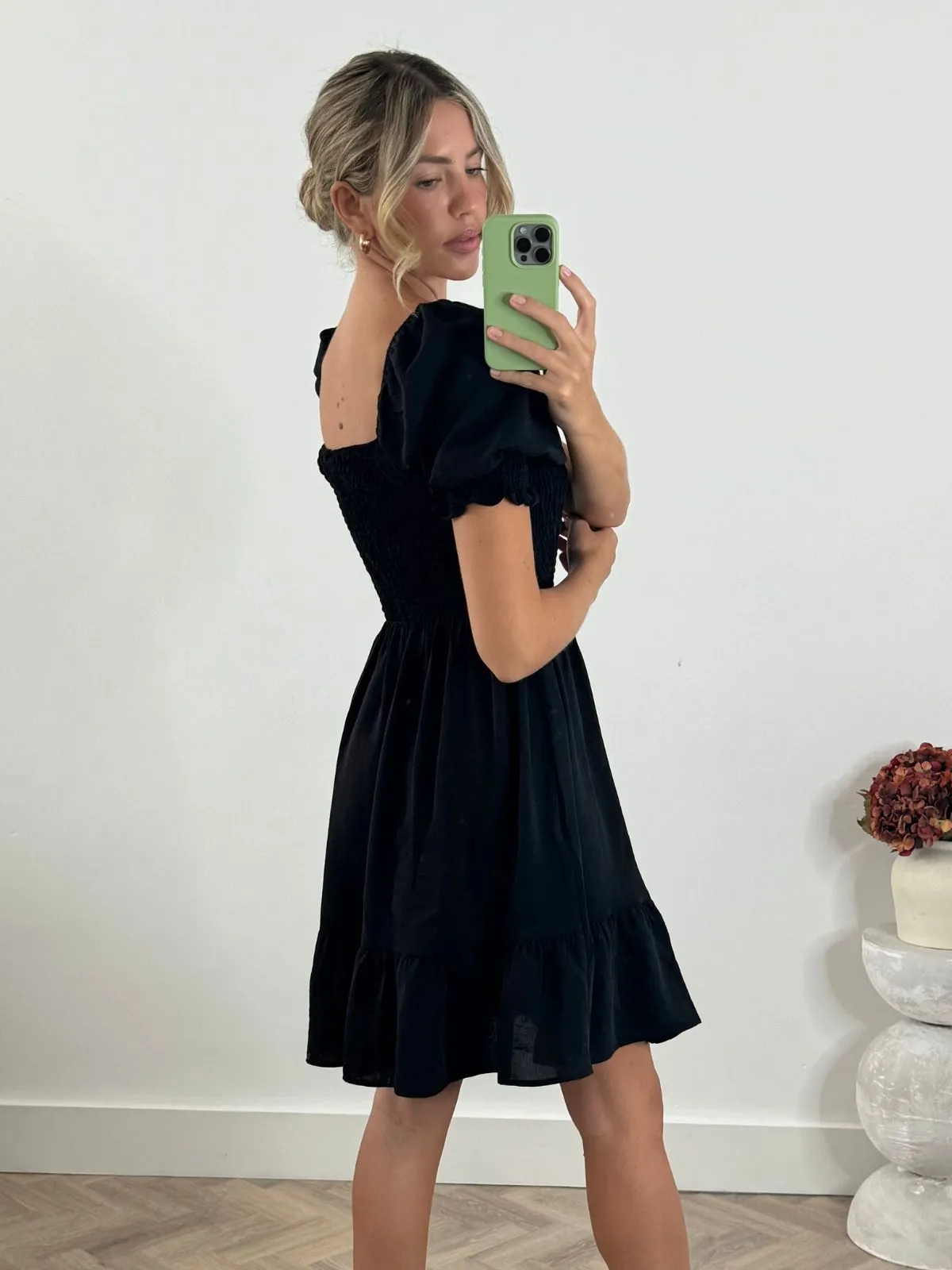 Amie Puff Sleeve Mini Dress in Black