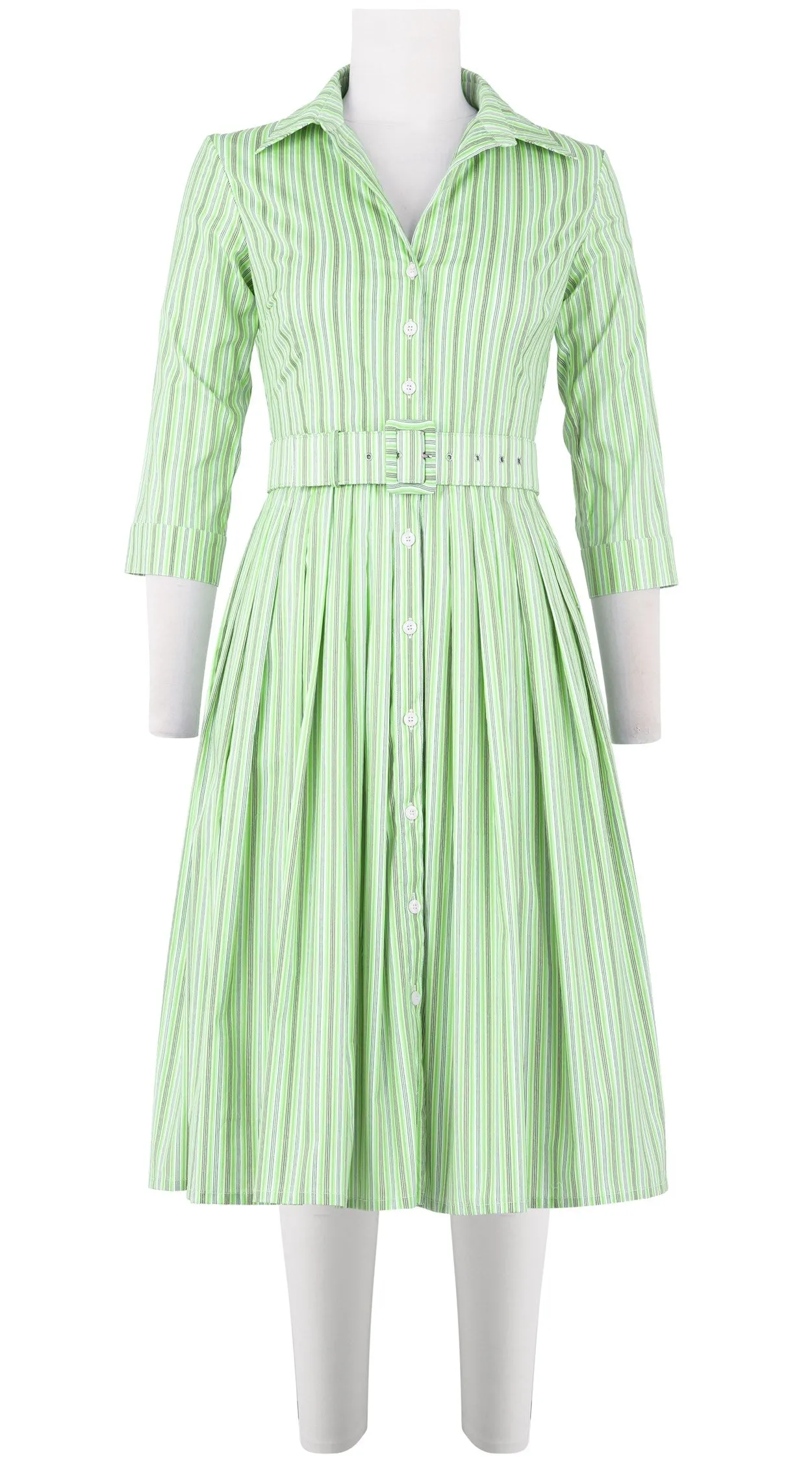 Audrey Dress #2 Shirt Collar 3/4 Sleeve Long Length Cotton Stretch (Napoli Stripe Pastel)