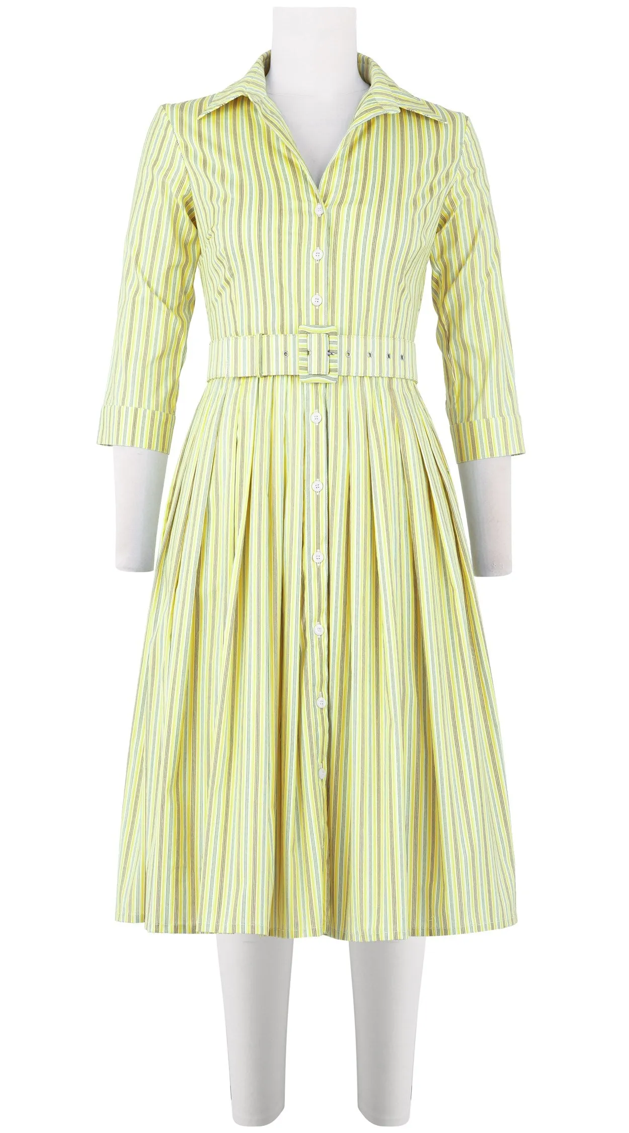 Audrey Dress #2 Shirt Collar 3/4 Sleeve Long Length Cotton Stretch (Napoli Stripe Pastel)