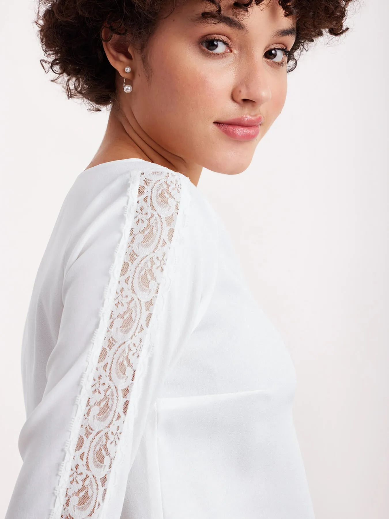 Boat Neck Lace Top - White