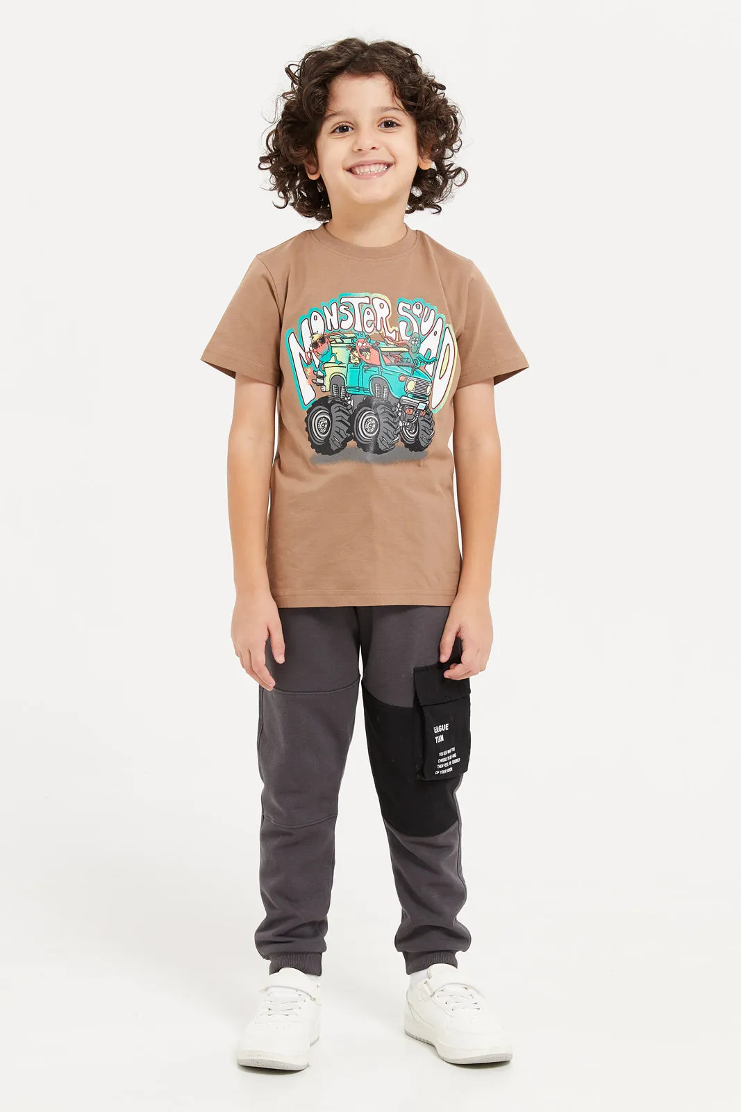 Boys Beige Monster Car Graphic T-Shirt