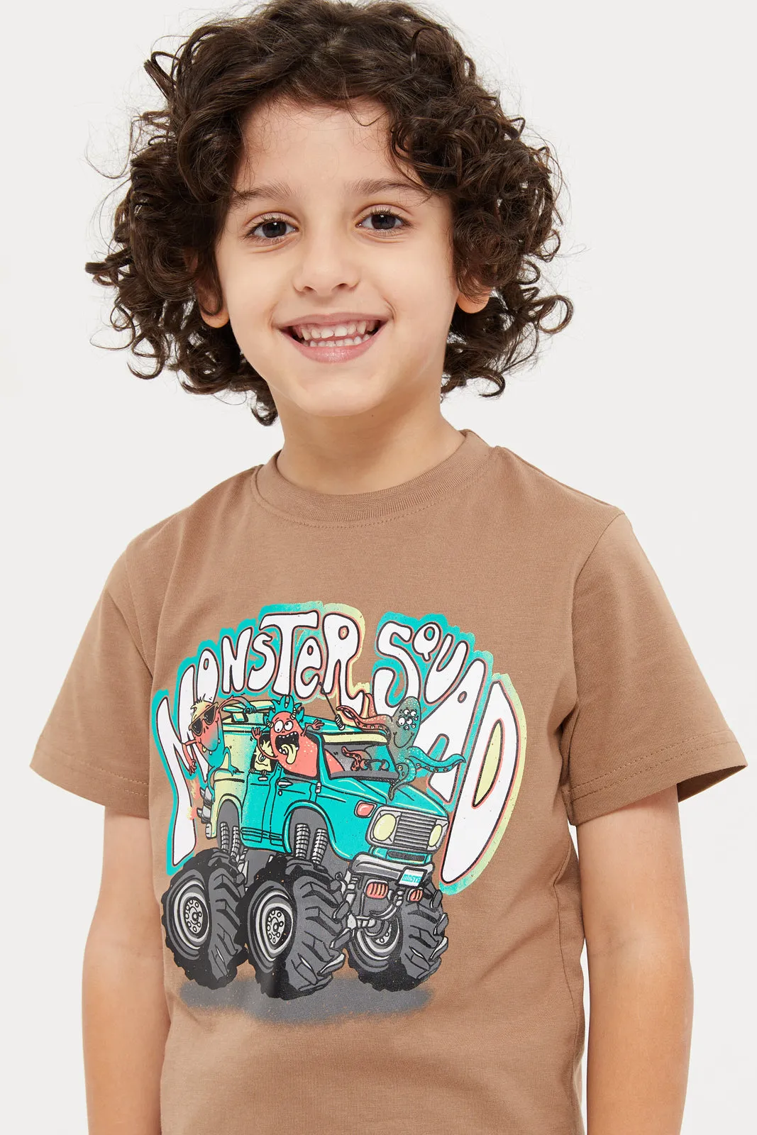 Boys Beige Monster Car Graphic T-Shirt