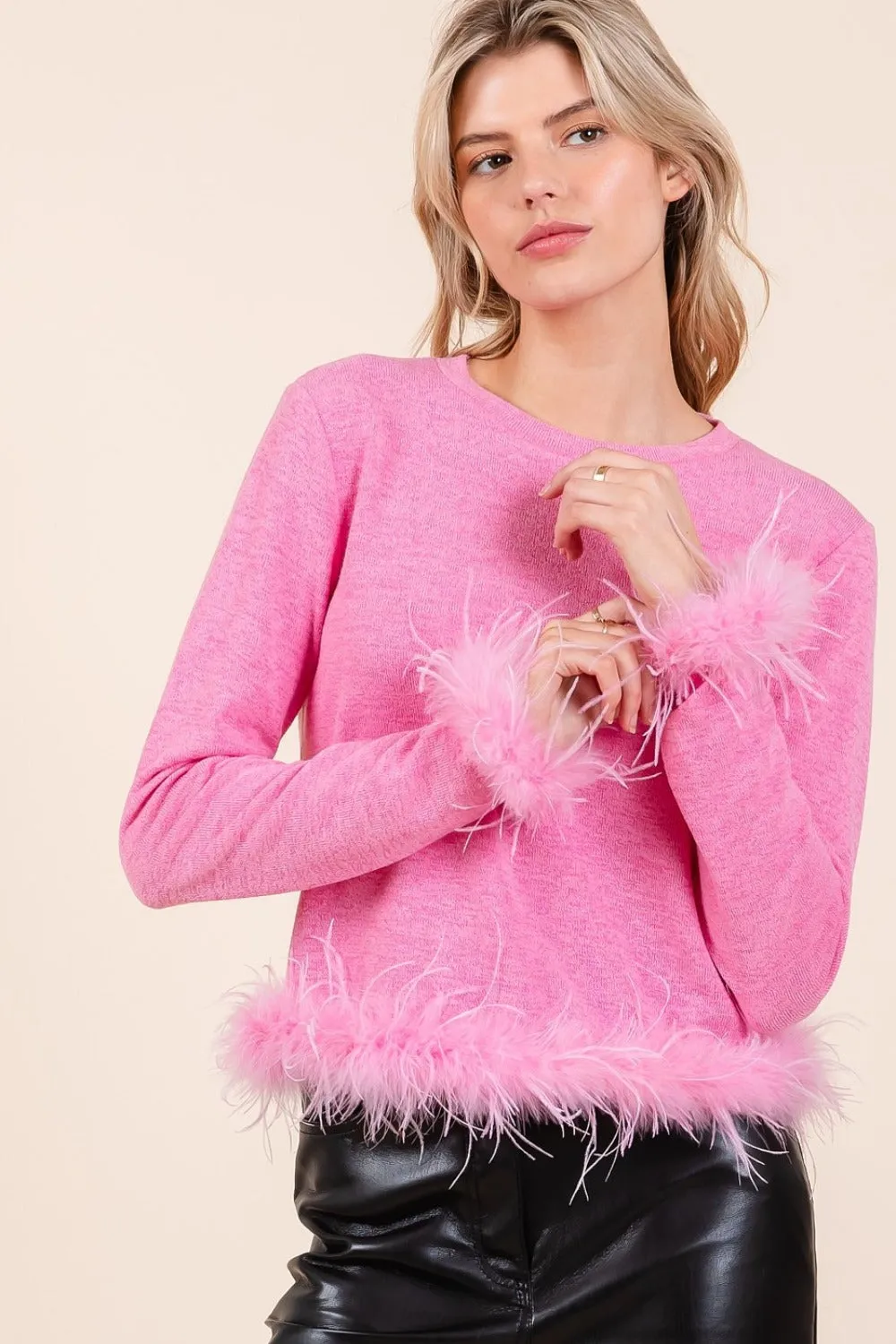 Bubble Gum Pink Feather Trim Long Sleeve Crop Knit Top