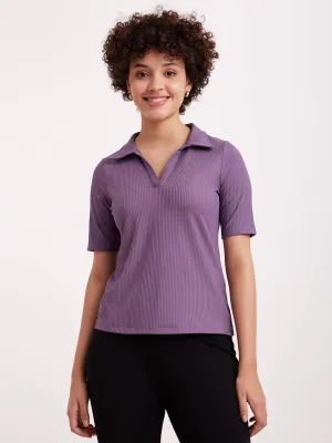 Collared Rib Knit Top - Purple