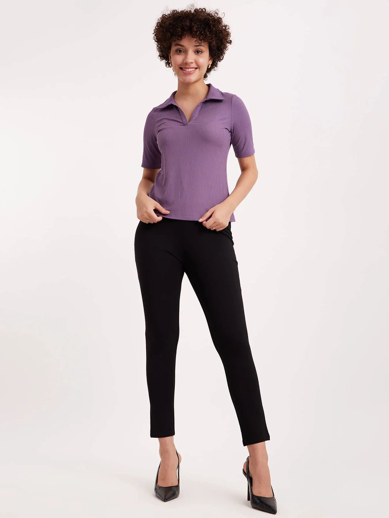 Collared Rib Knit Top - Purple