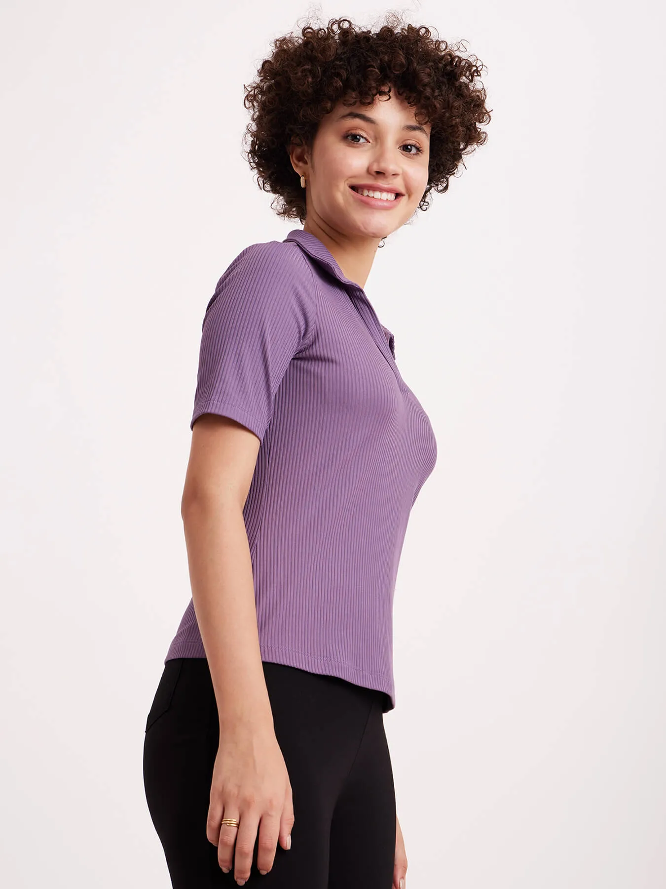 Collared Rib Knit Top - Purple