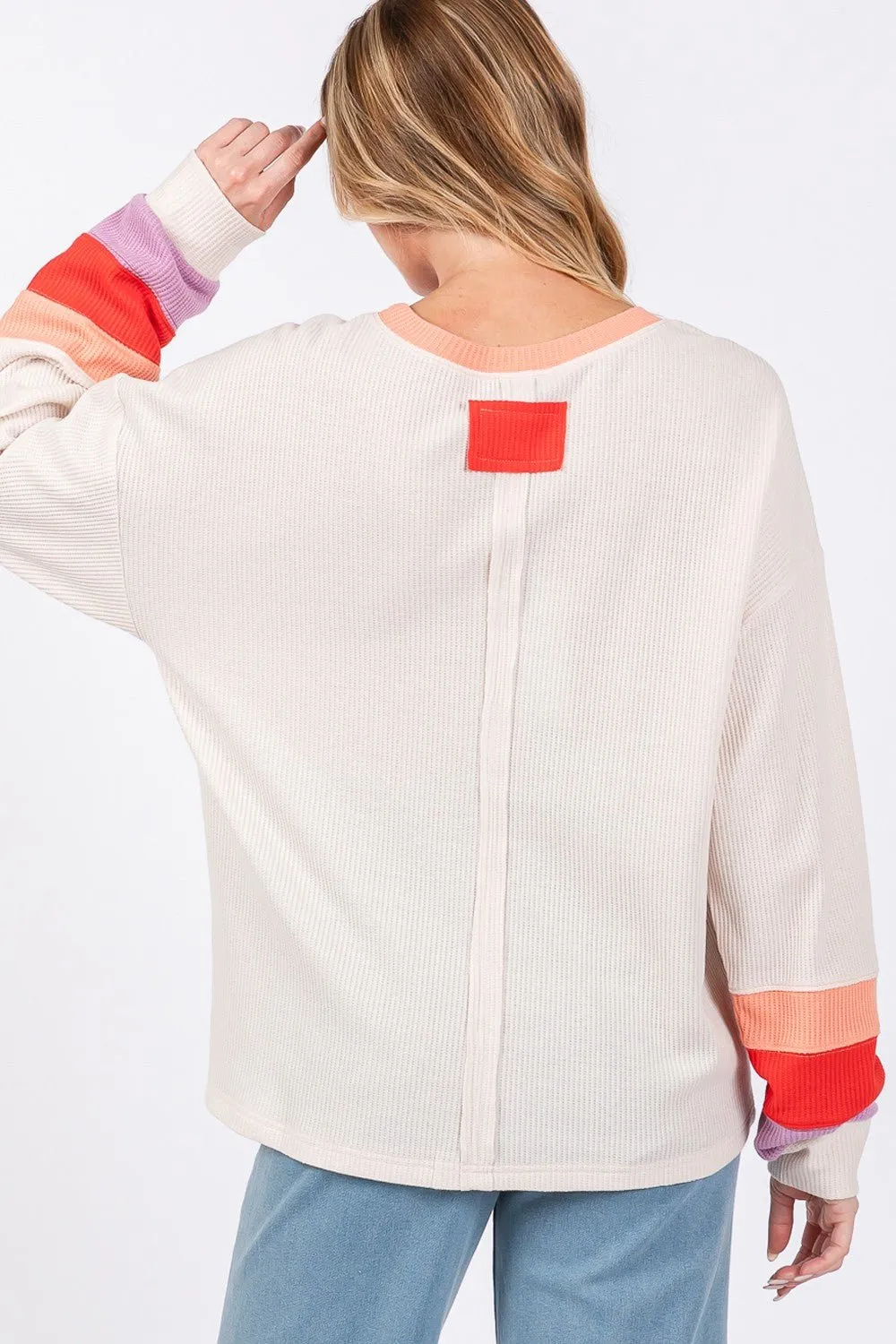 Color Block Waffle Knit Long Sleeve T-Shirt in Sand