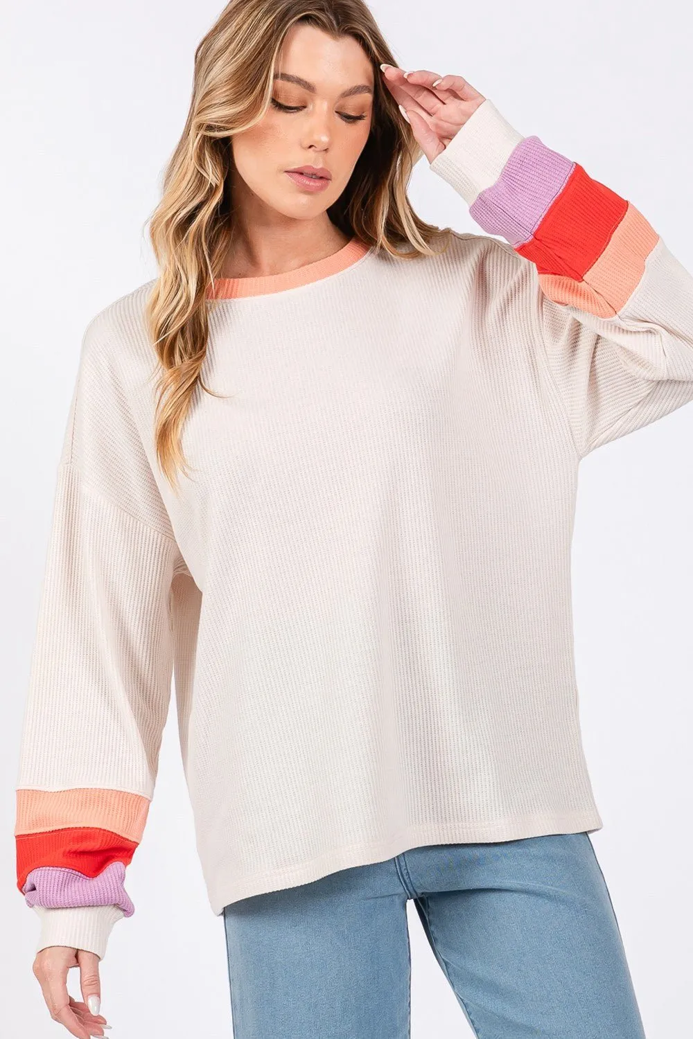 Color Block Waffle Knit Long Sleeve T-Shirt in Sand