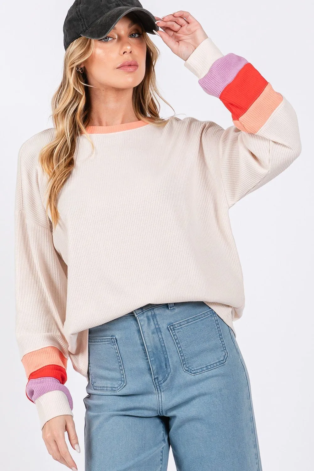 Color Block Waffle Knit Long Sleeve T-Shirt in Sand