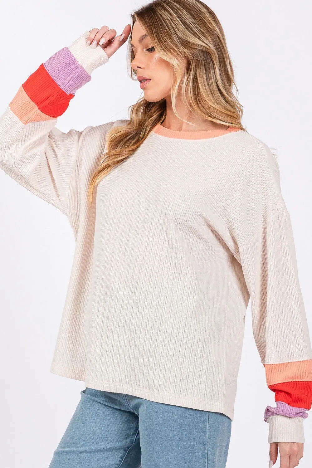 Color Block Waffle Knit Long Sleeve T-Shirt in Sand