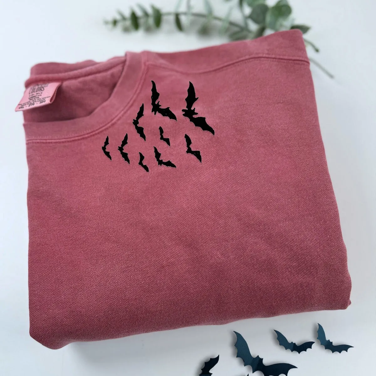 Comfort Color® Embroidered Bats on Neckline Halloween T-Shirt or Sweatshirt