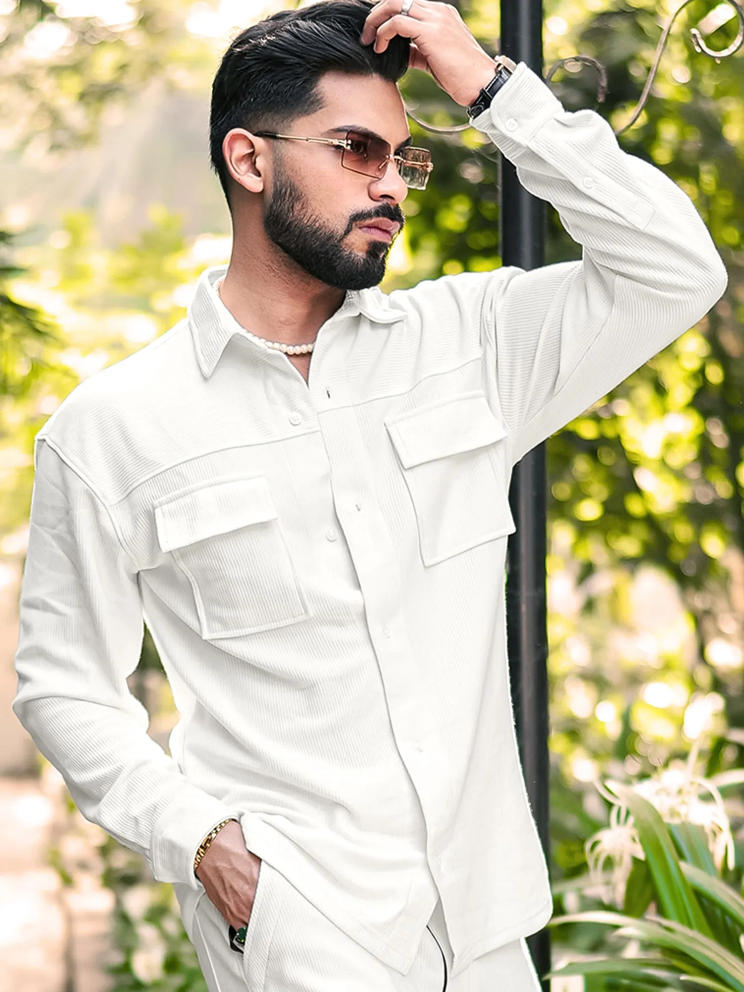 Cord Knit Textured Double Pocket Cream White Shirt