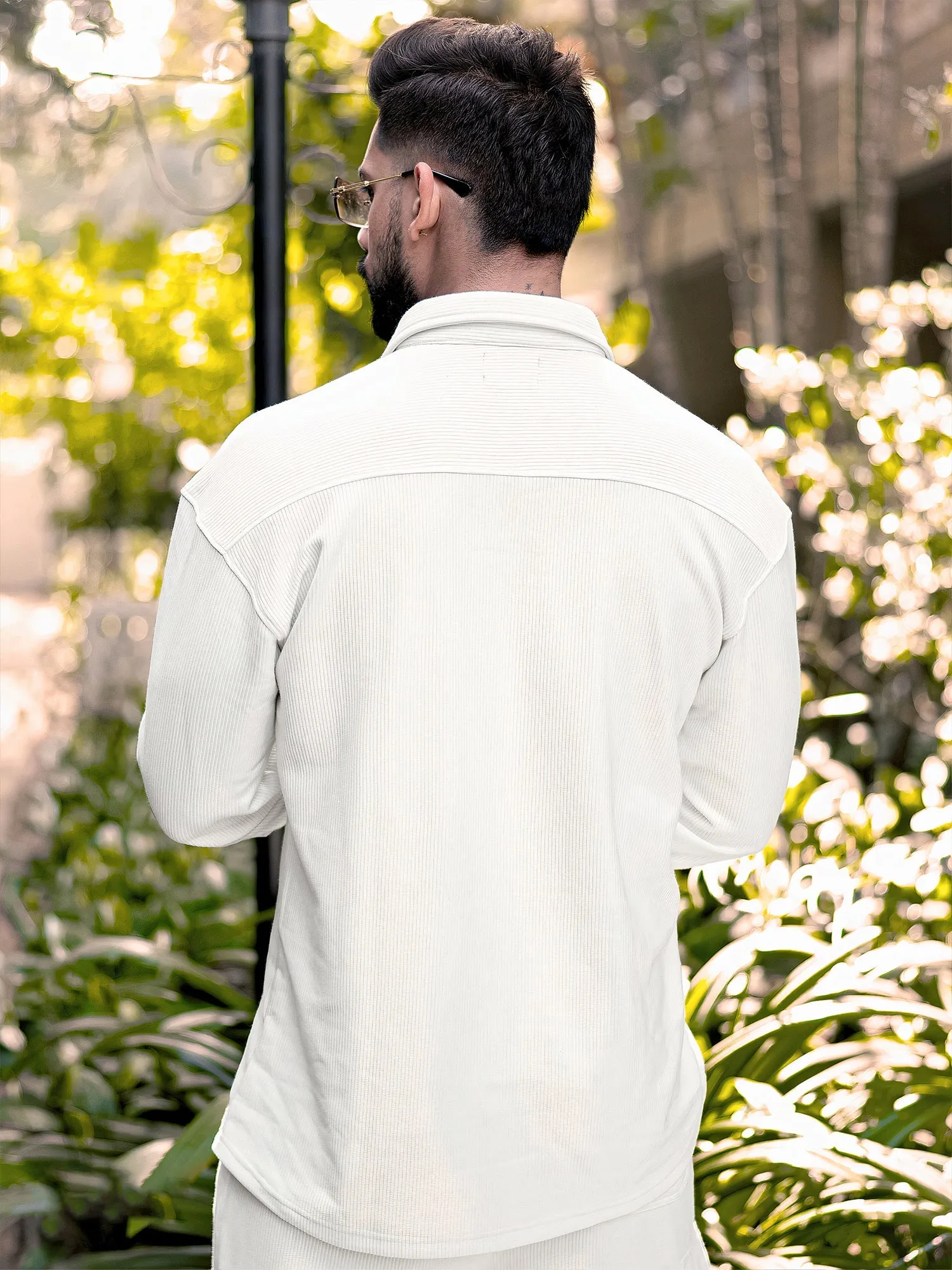 Cord Knit Textured Double Pocket Cream White Shirt