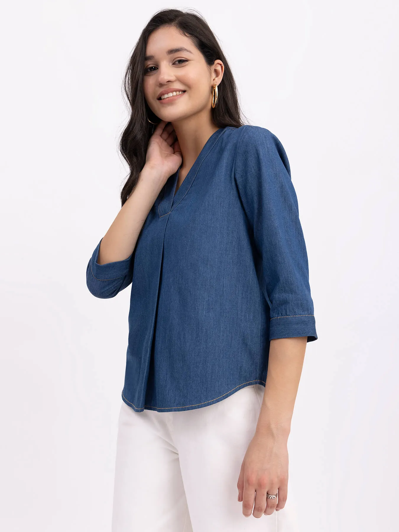 Denim V-Neck Top - Navy Blue