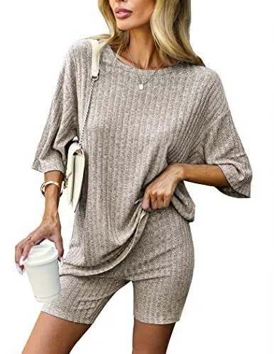 Ekouaer Pajamas 2 Piece Lounge Sets Ribbed Knit Matching