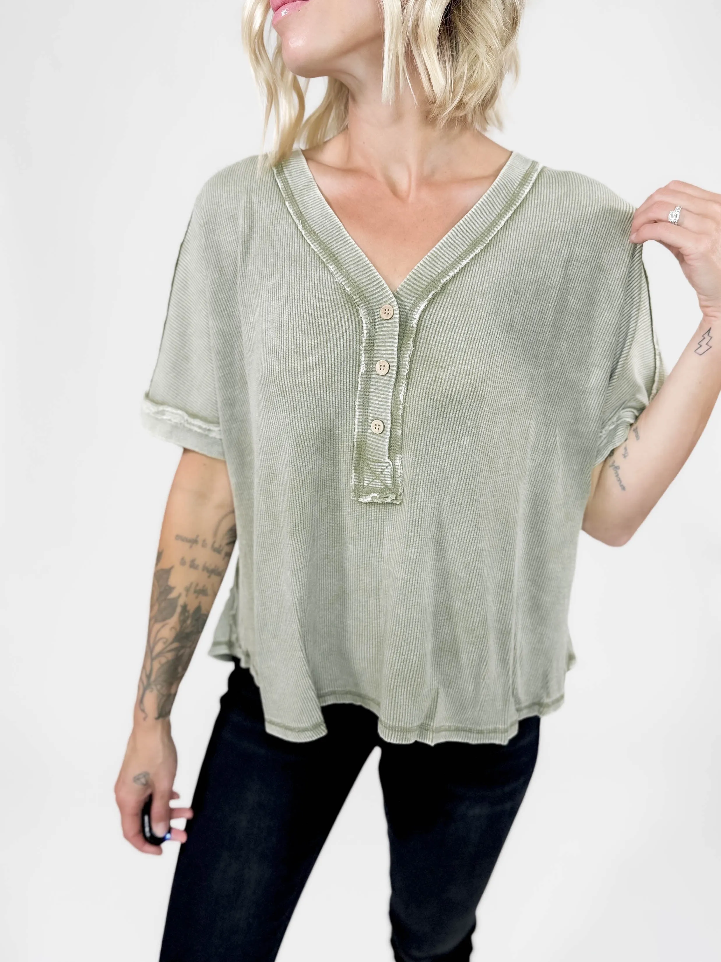 Fall Vibes Washed Henley Tunic- OLIVE