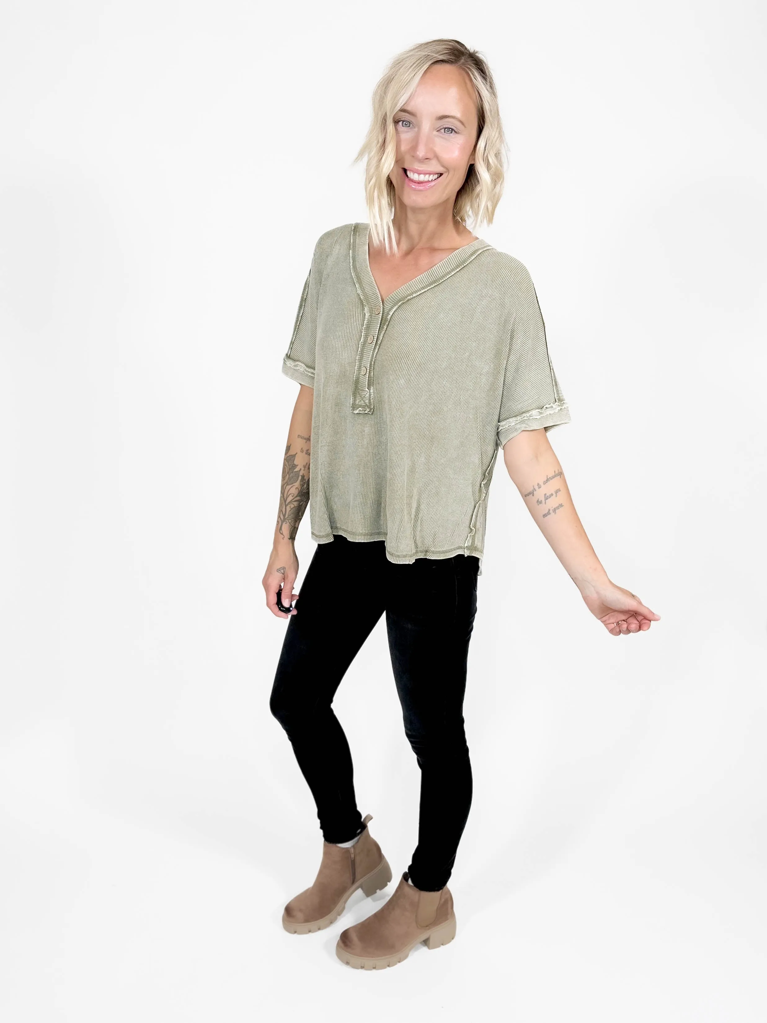 Fall Vibes Washed Henley Tunic- OLIVE