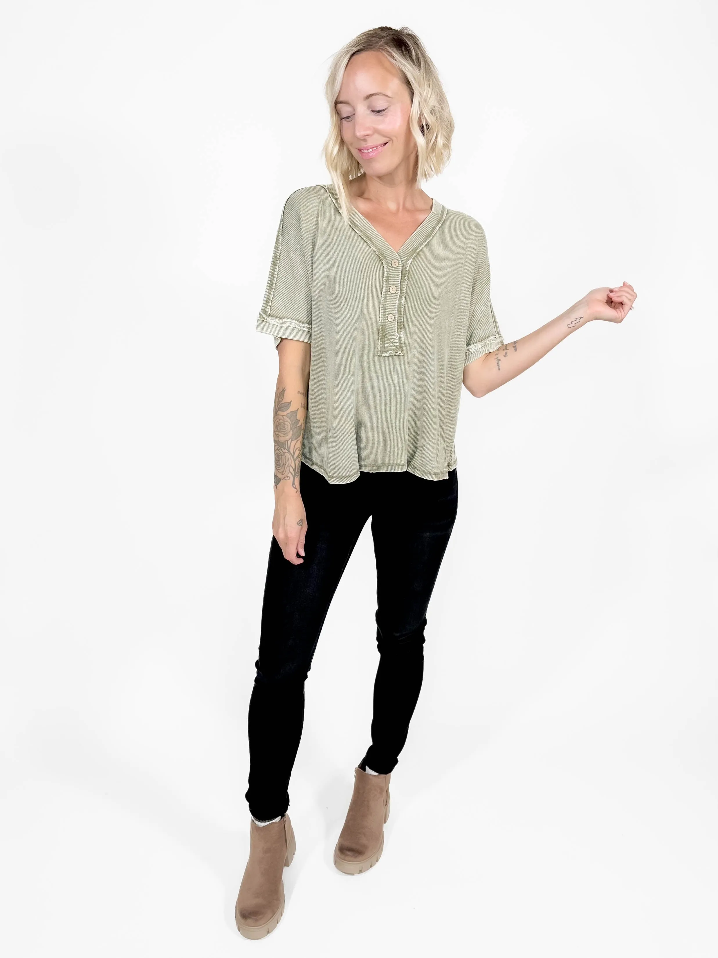 Fall Vibes Washed Henley Tunic- OLIVE