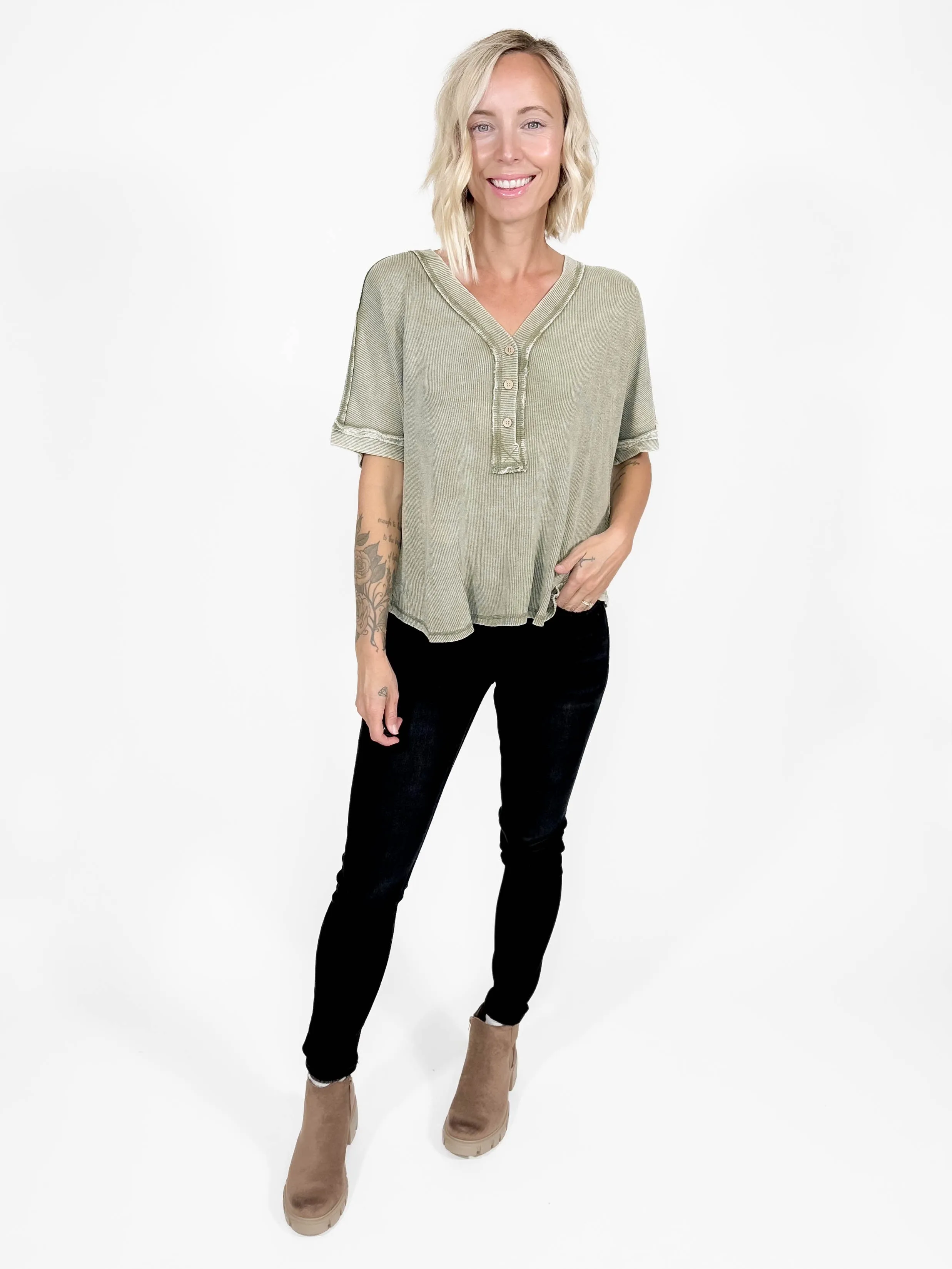 Fall Vibes Washed Henley Tunic- OLIVE