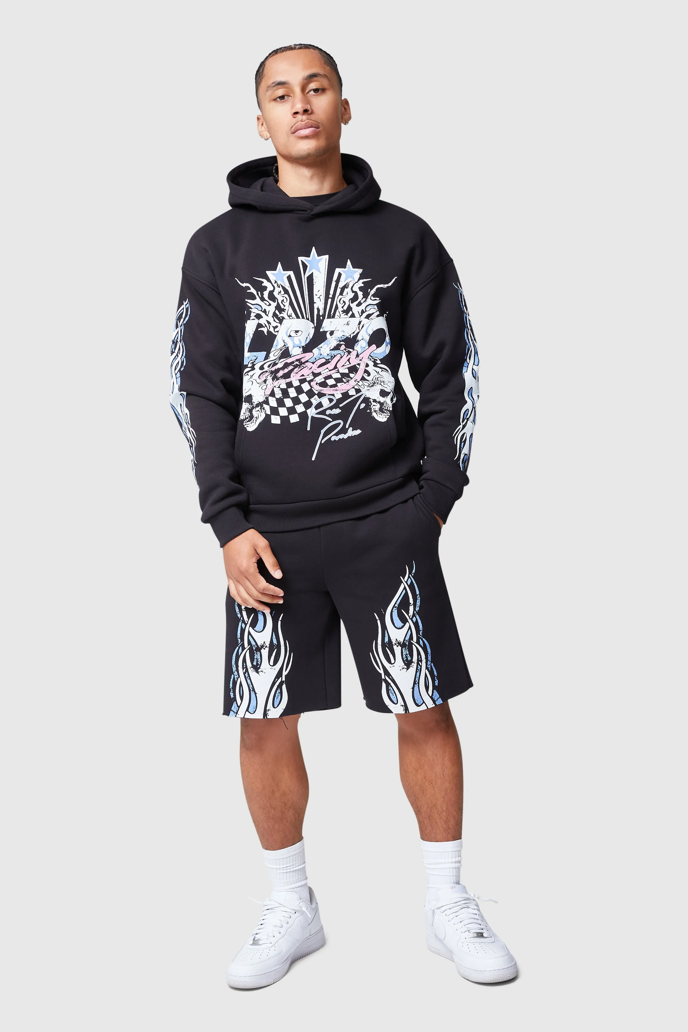 FLAMES HOOD AND SHORT SET - BLACK