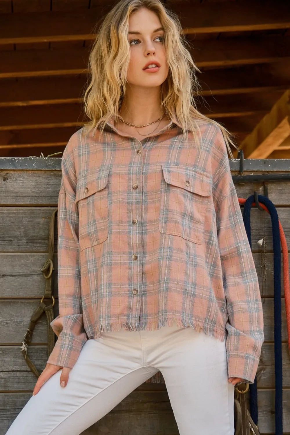 Full Size Plaid Button Up Raw Hem Shirt