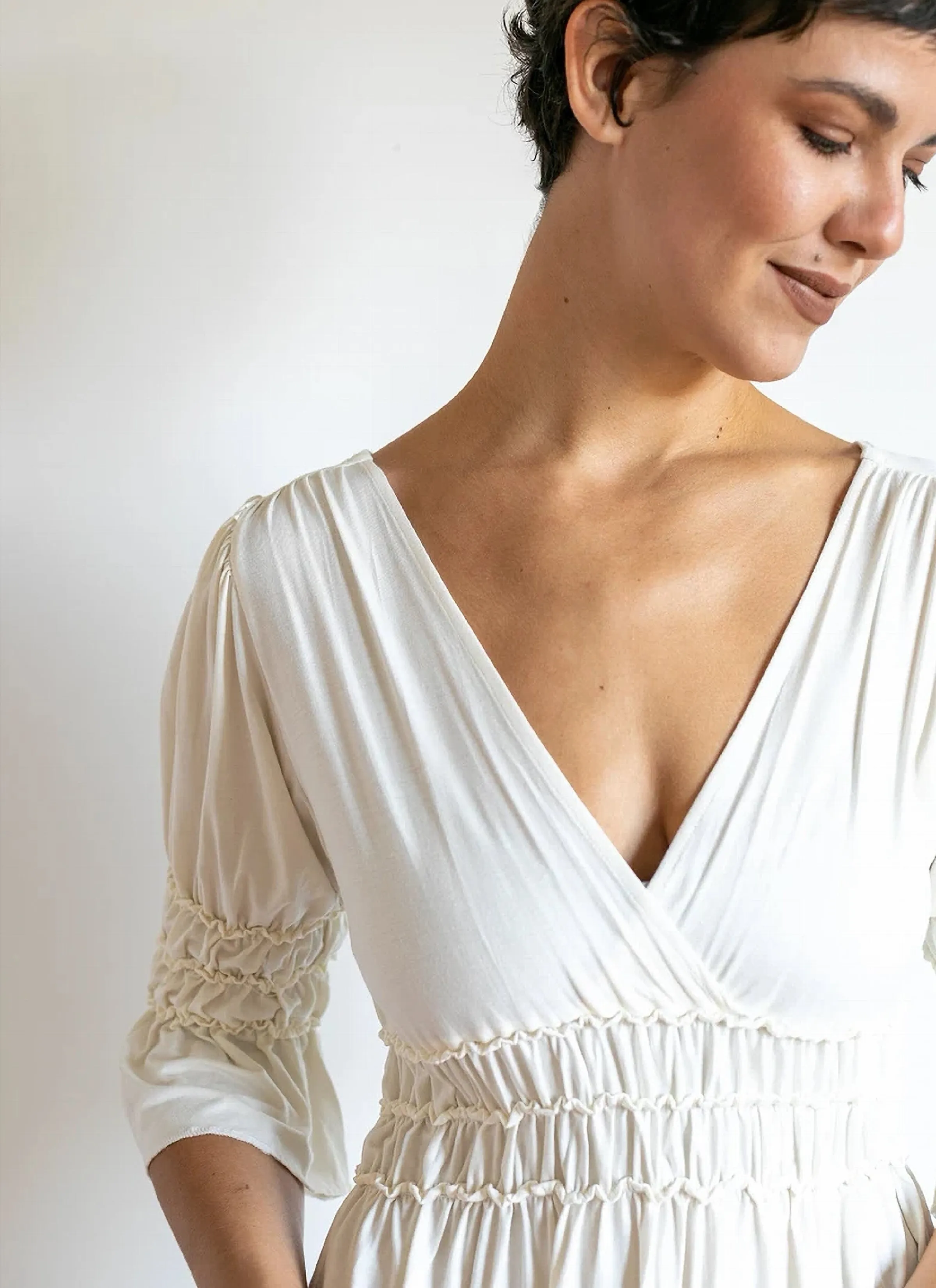 Goddess Sleeve Ruched Empire Waist Top in Cream white