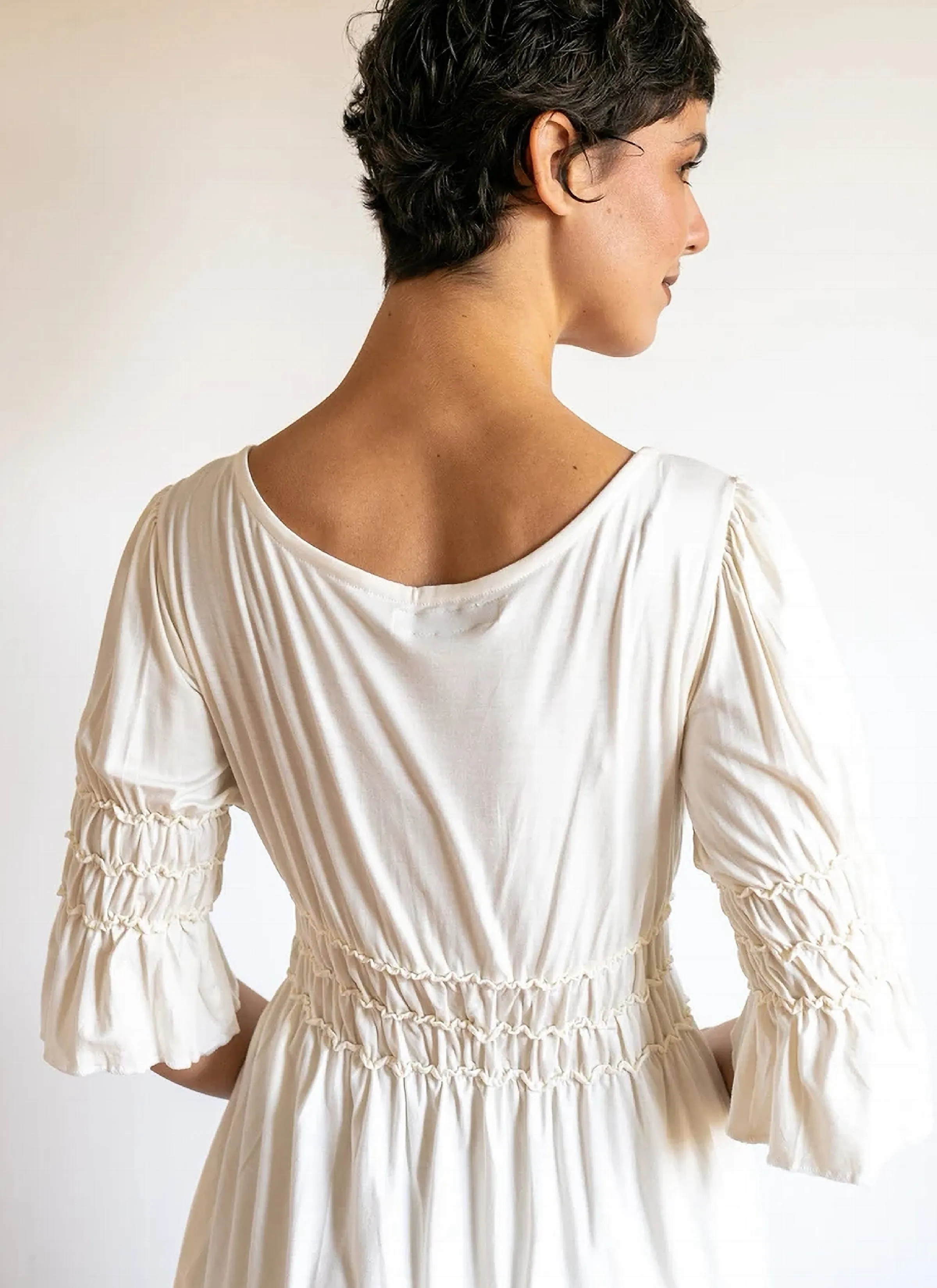 Goddess Sleeve Ruched Empire Waist Top in Cream white