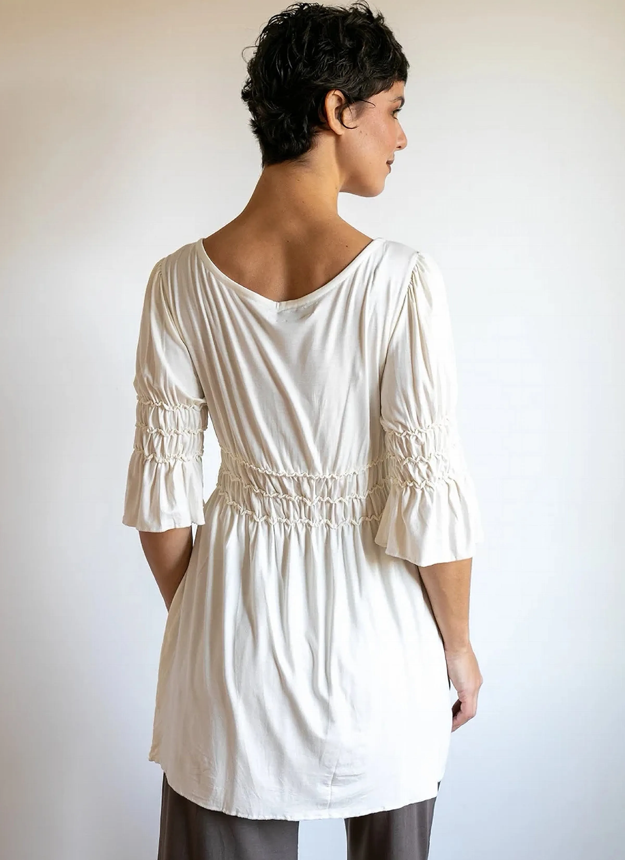 Goddess Sleeve Ruched Empire Waist Top in Cream white