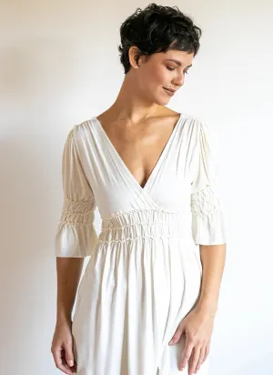 Goddess Sleeve Ruched Empire Waist Top in Cream white