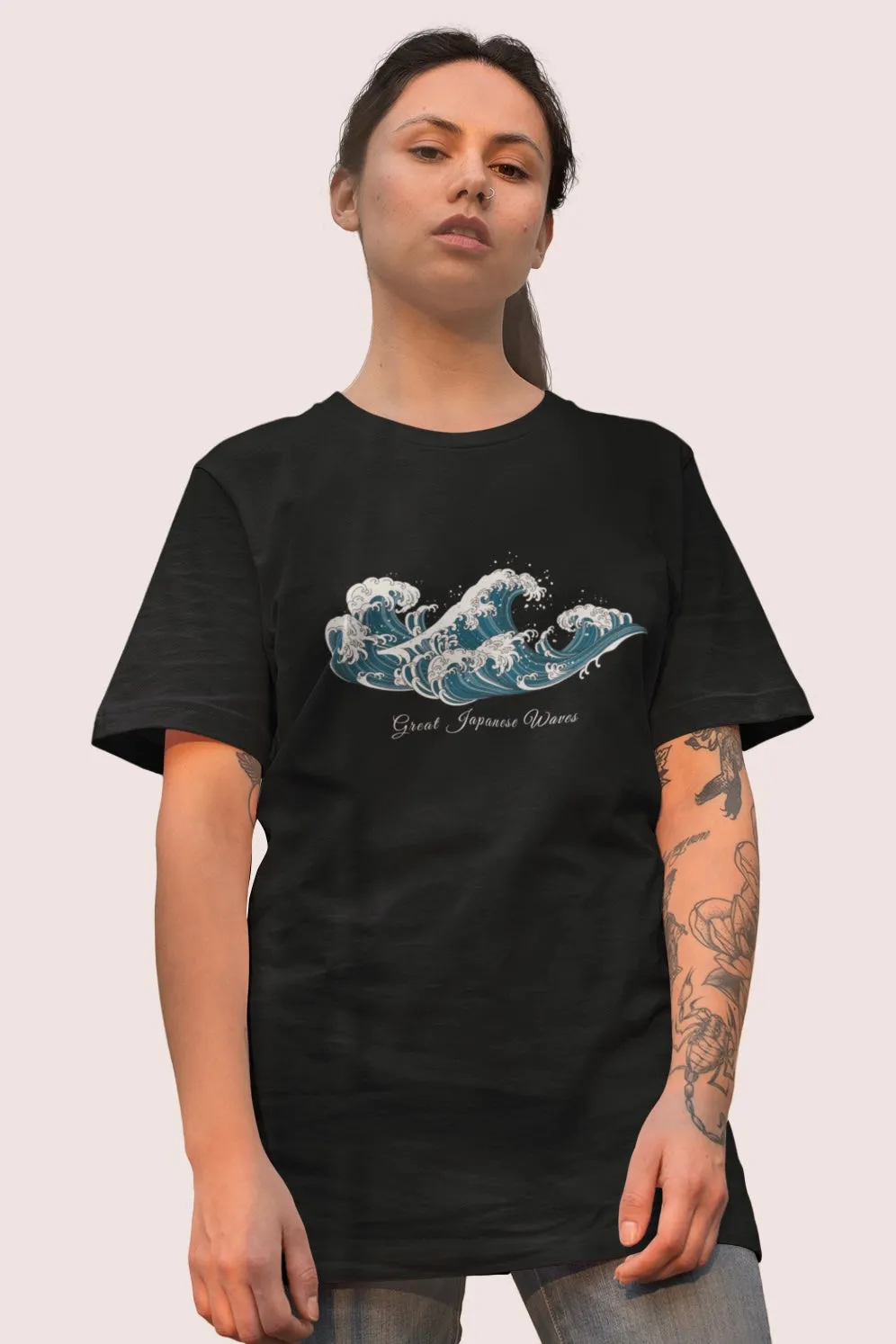 Great Japanese Wave Graphic Printed Unisex Black Oversized T Shirt