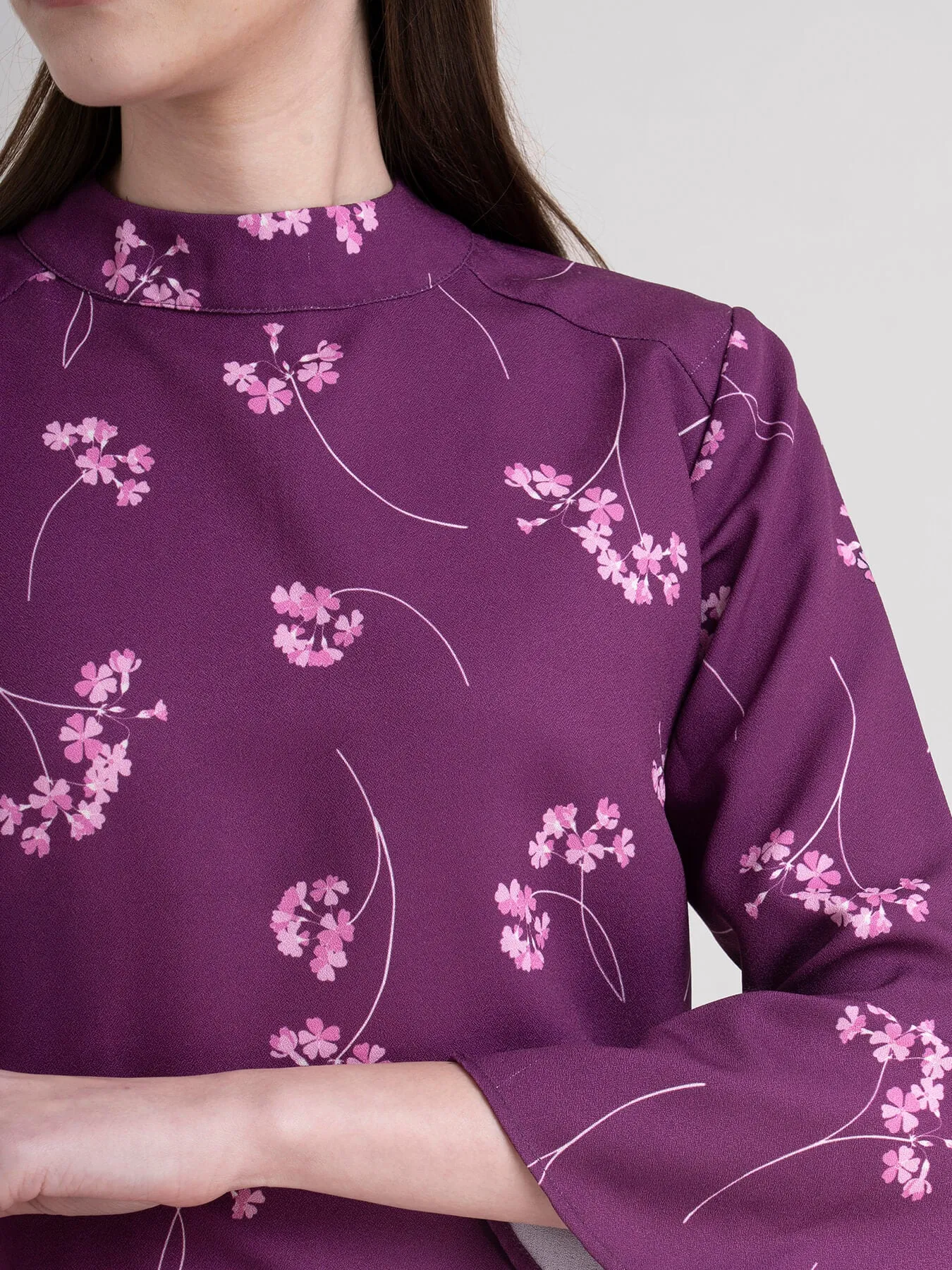 High Neck Floral Top - Plum