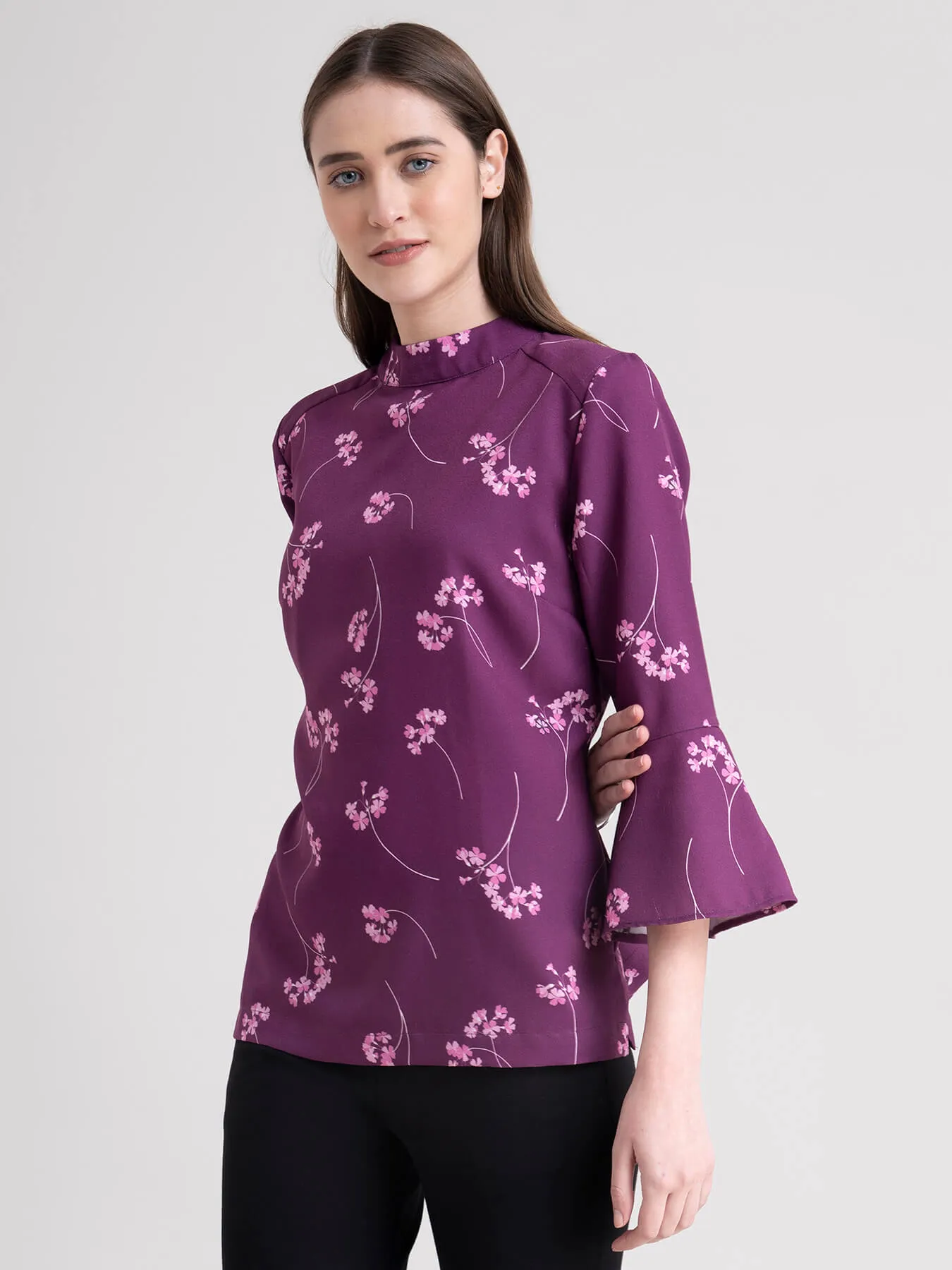 High Neck Floral Top - Plum