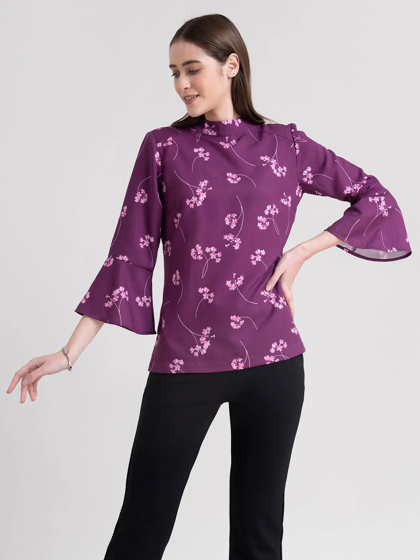 High Neck Floral Top - Plum