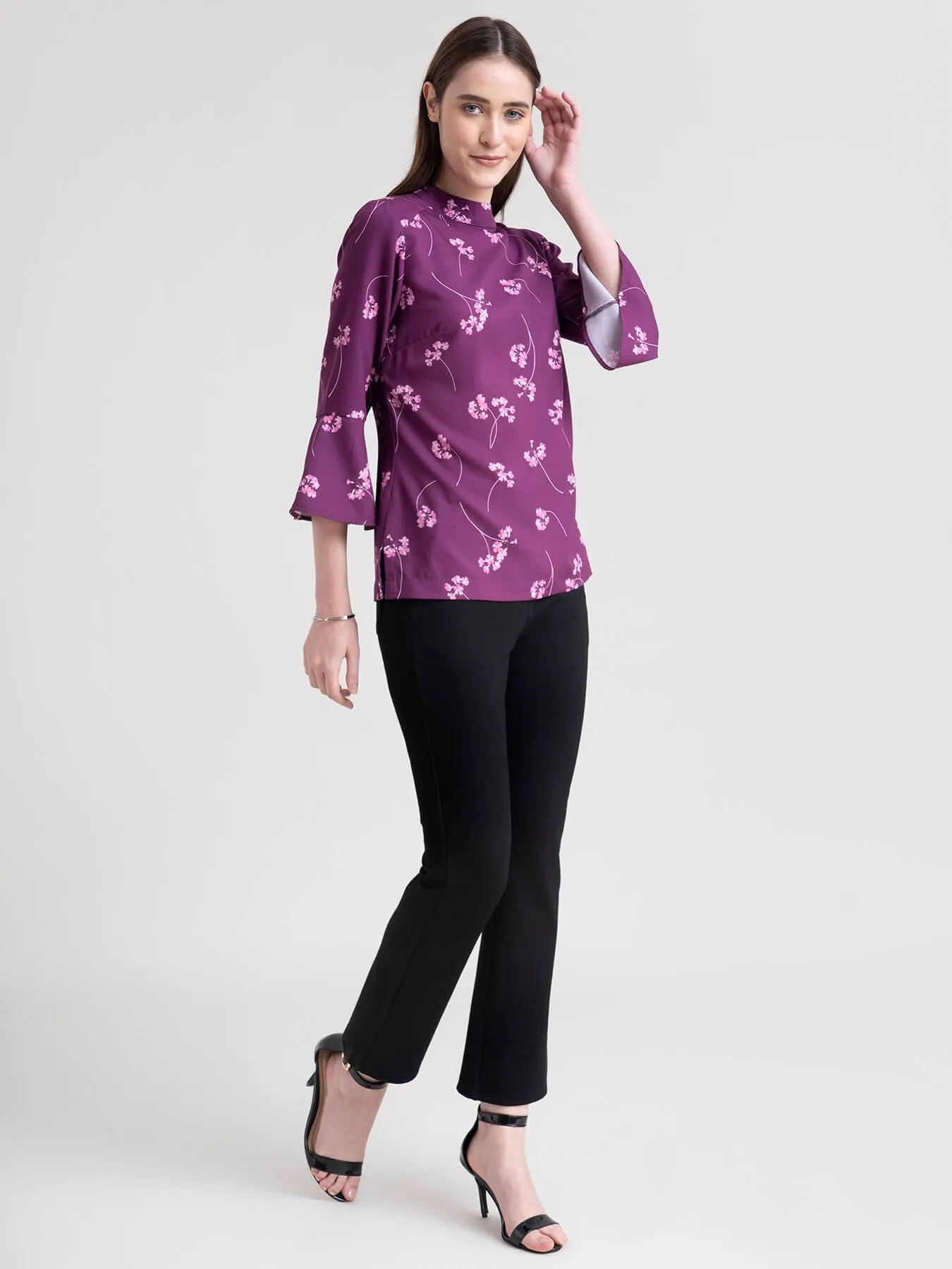 High Neck Floral Top - Plum