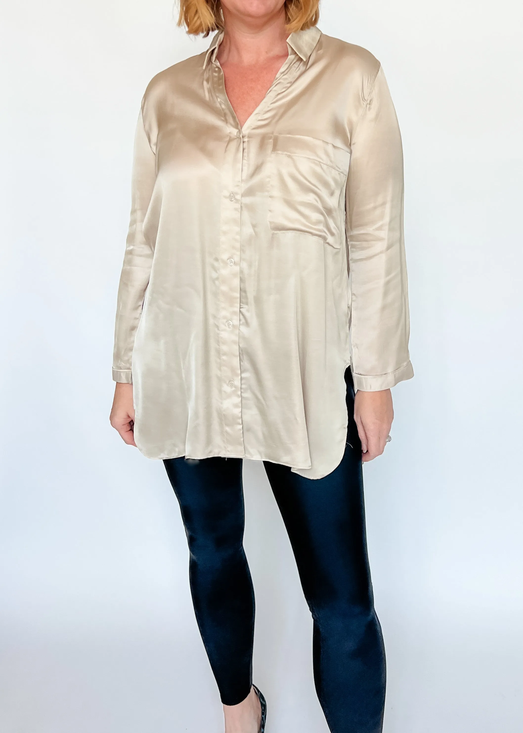 Highly Favored Long Satin Shirt - Champagne