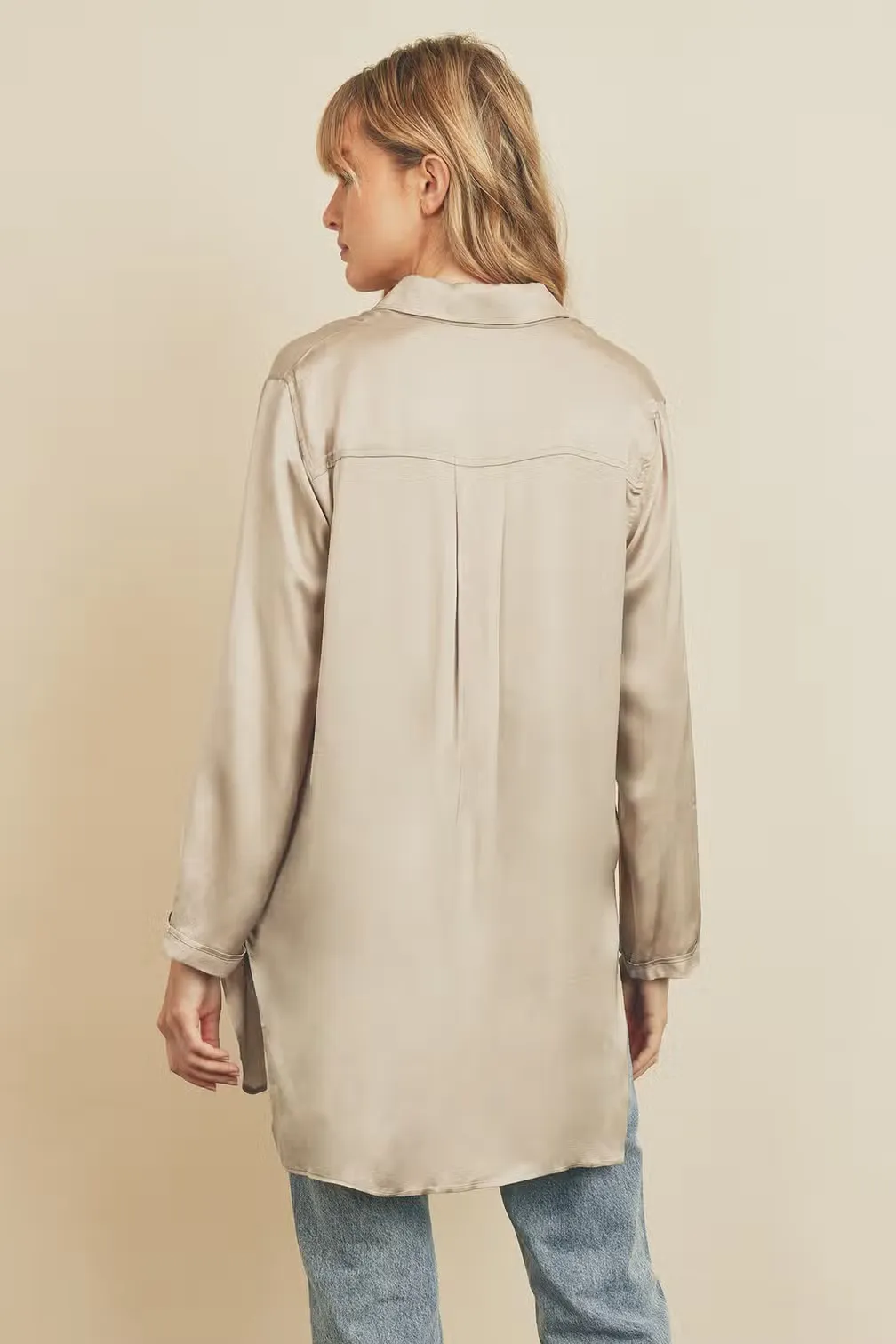 Highly Favored Long Satin Shirt - Champagne