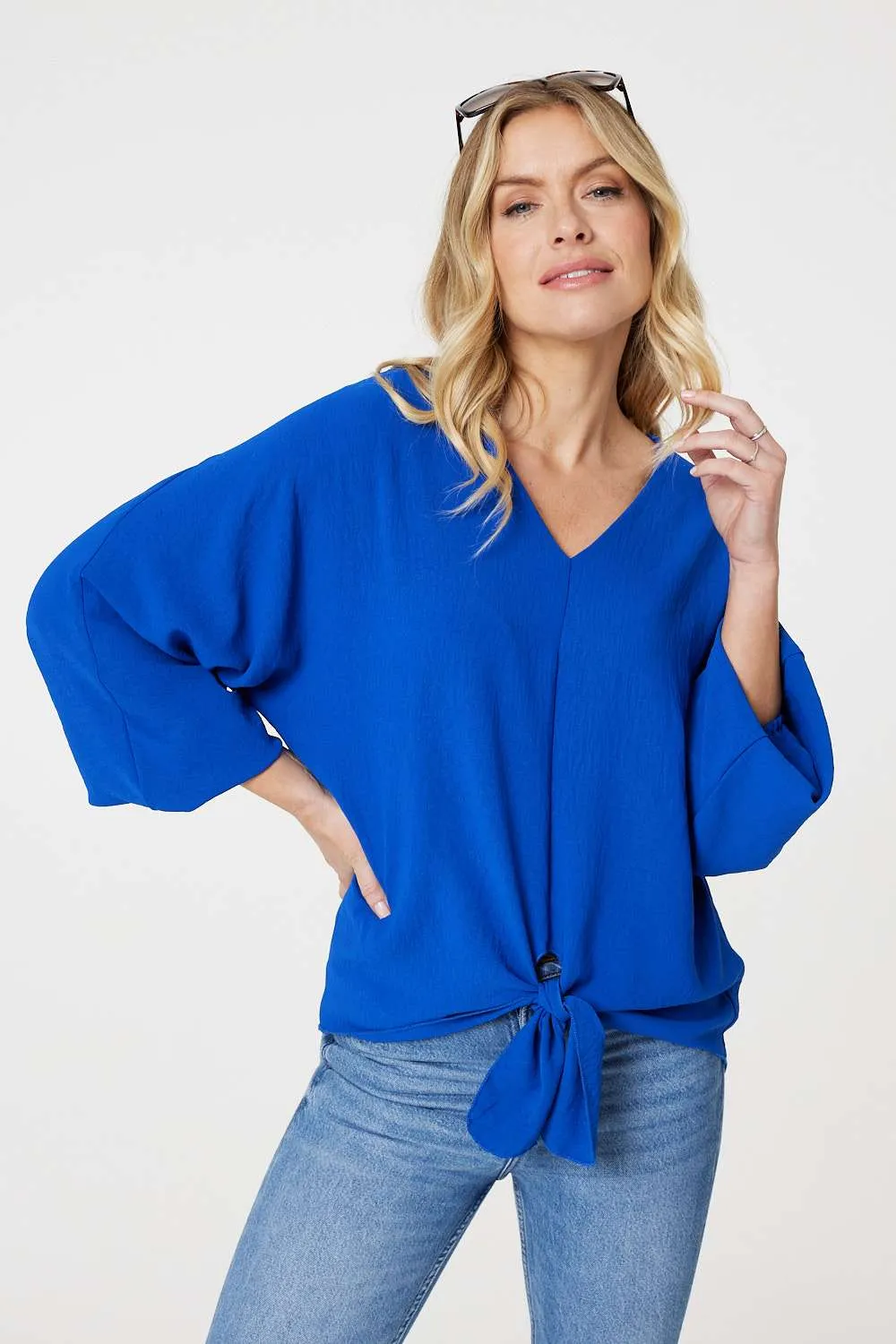 Knot Front Relaxed 3/4 Sleeve Blouse