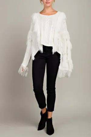 L Love Fringe Cable Crop Sweater - Soft White