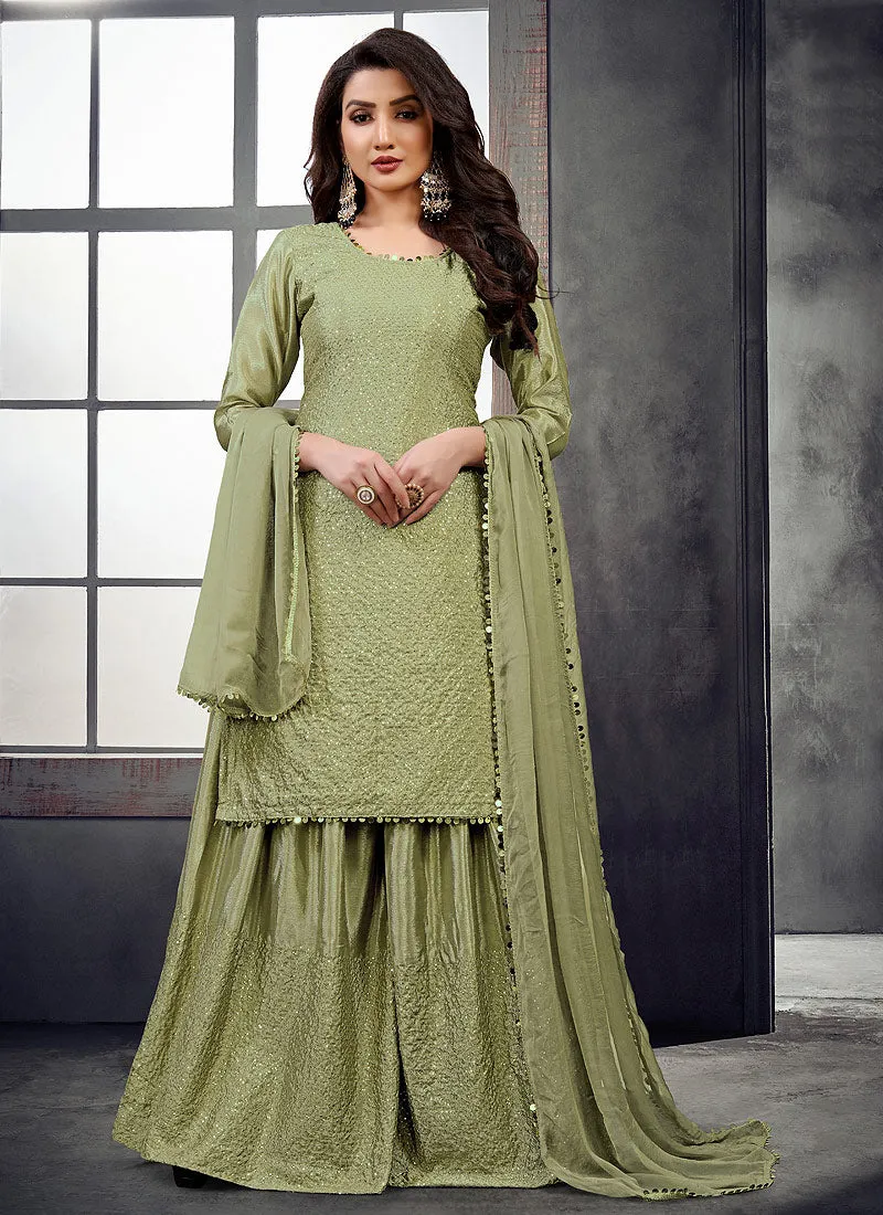 Light Green Zari And Sequence Embroidered Palazzo Suit