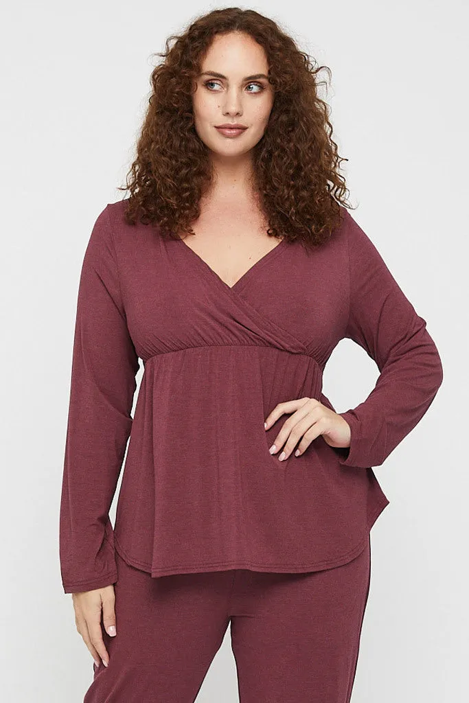 Long Sleeve Cross Front PJ Top - Burgundy