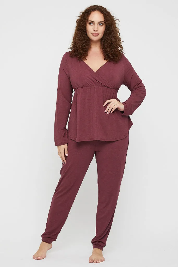 Long Sleeve Cross Front PJ Top - Burgundy