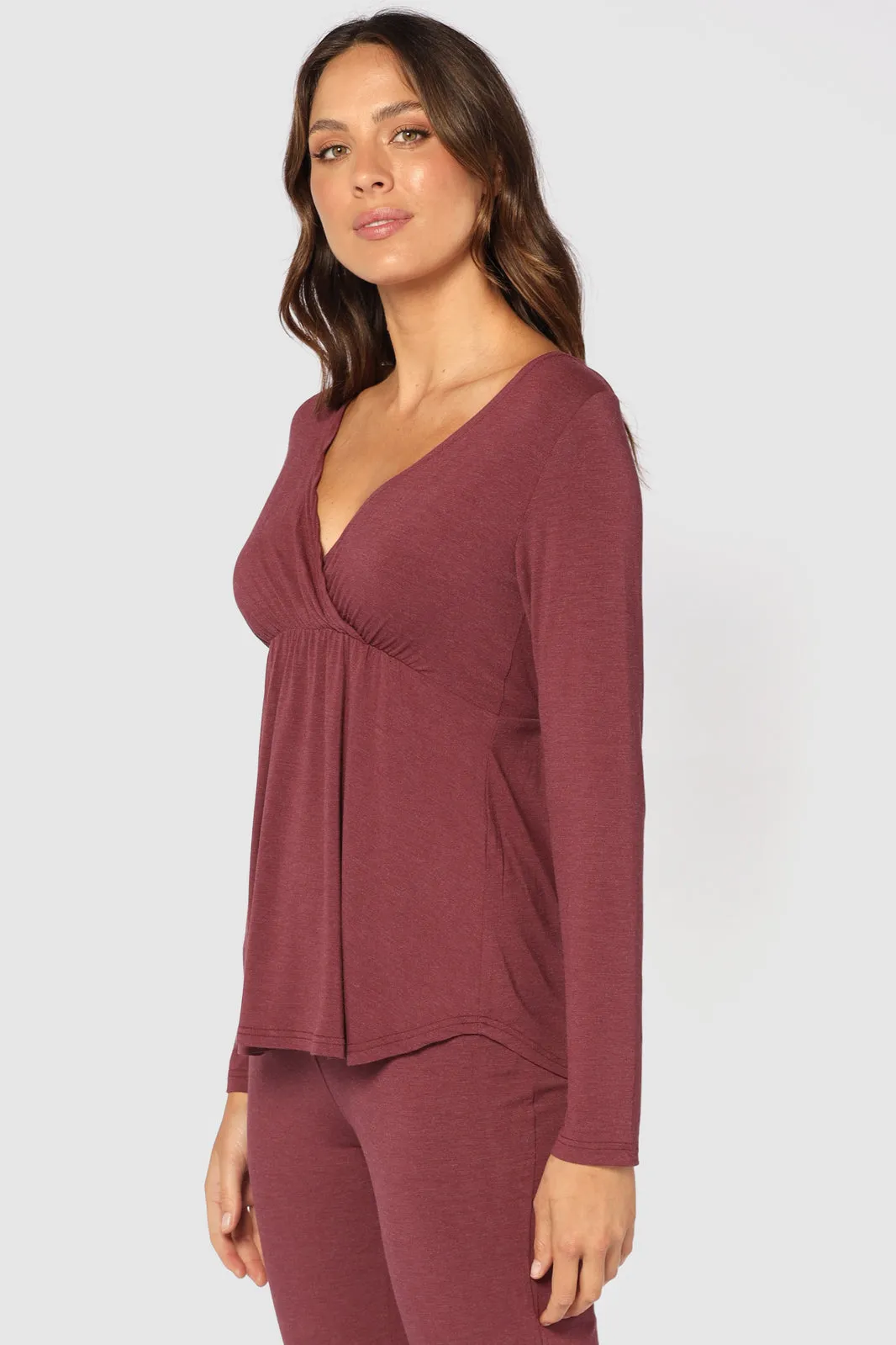 Long Sleeve Cross Front PJ Top - Burgundy