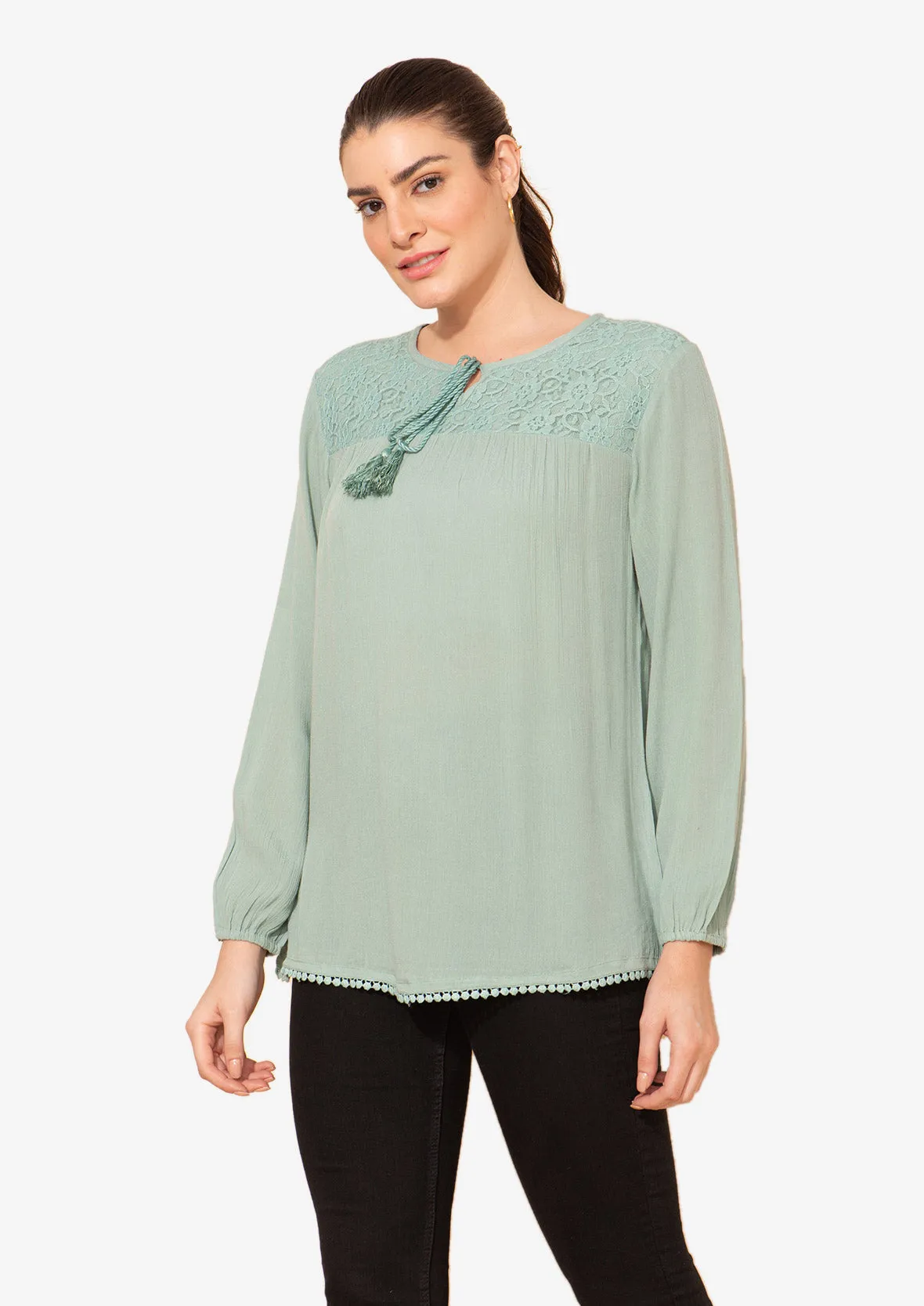 Long Sleeved Top With Broderie Yoke