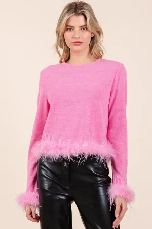 Mittoshop Feather Trim Long Sleeve Crop Hacci Knit Top