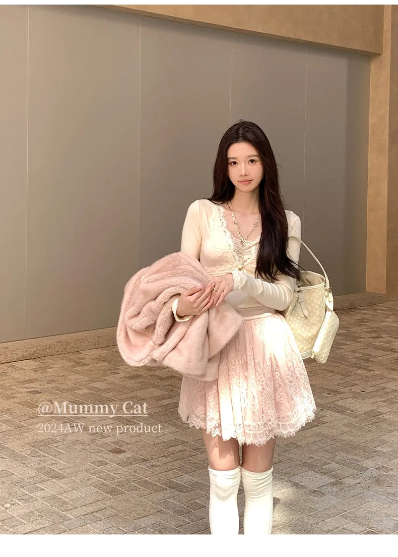 [Mummy Cat] My Dream Angel Embroidery Lace Knit Top Sweatshirt