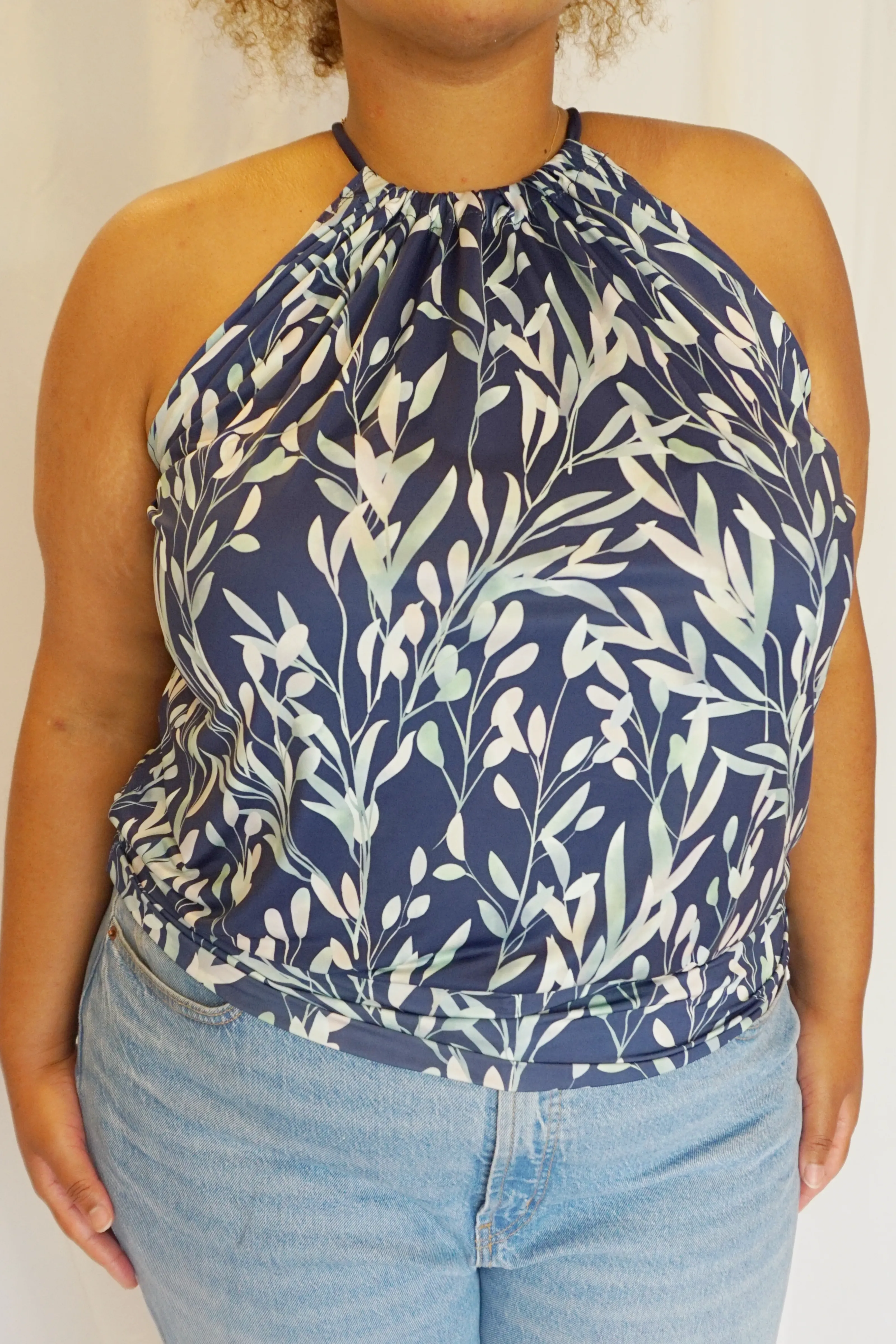 Navy Sprigs & Leaves Spaghetti Top