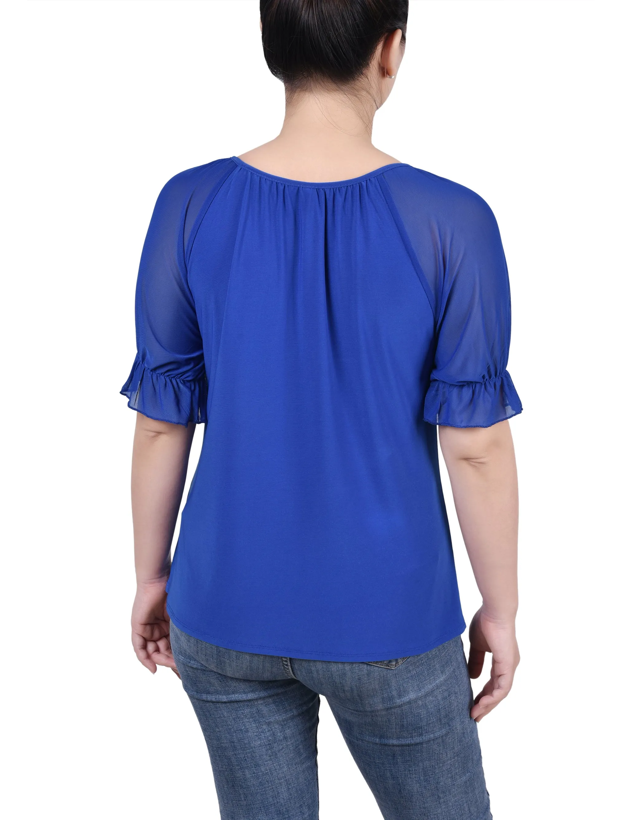 Petite Short Ruffle Sleeve Top With Rhinestones