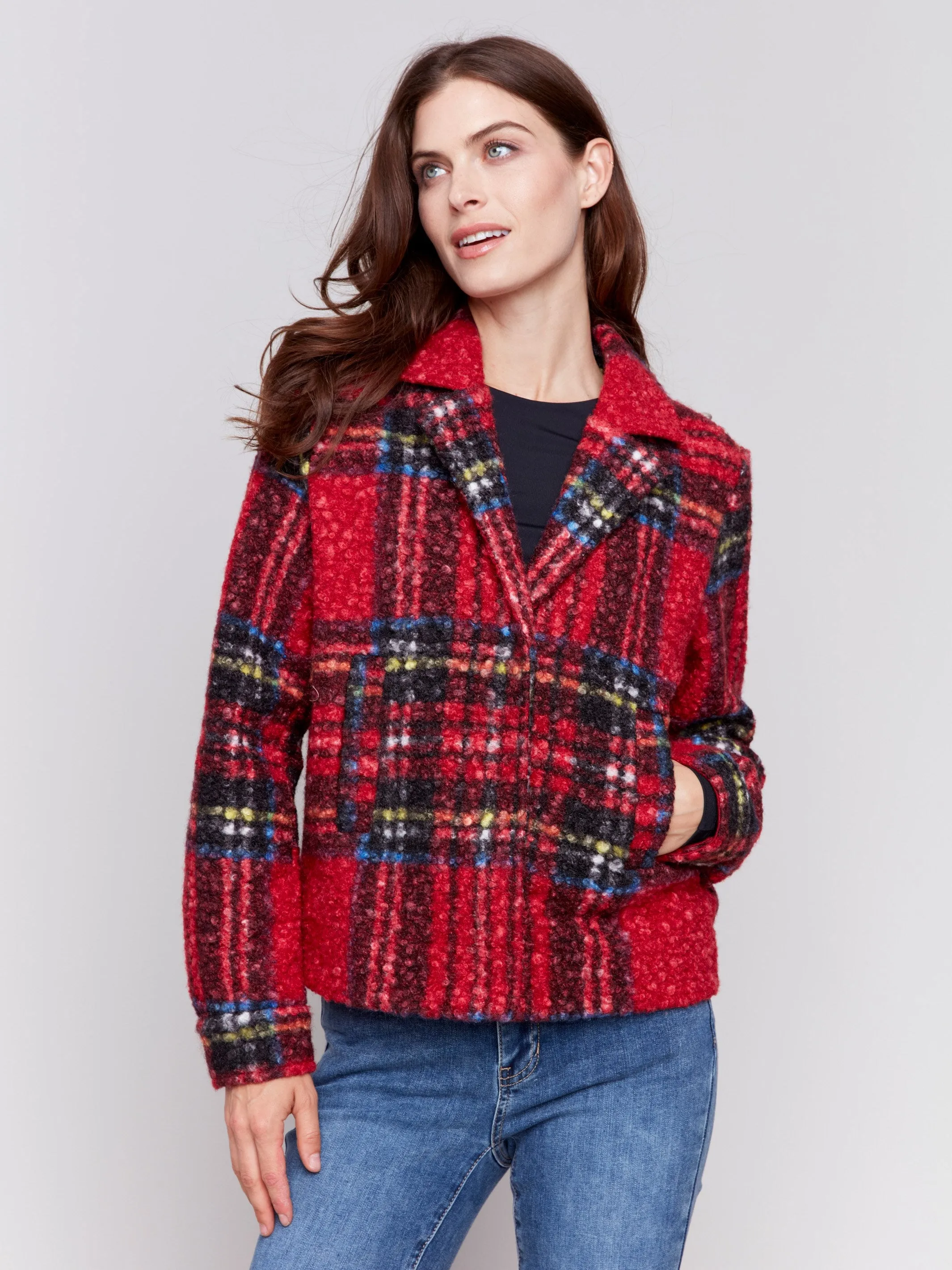 Plaid Bouclé Knit Short Coat - Cranberry